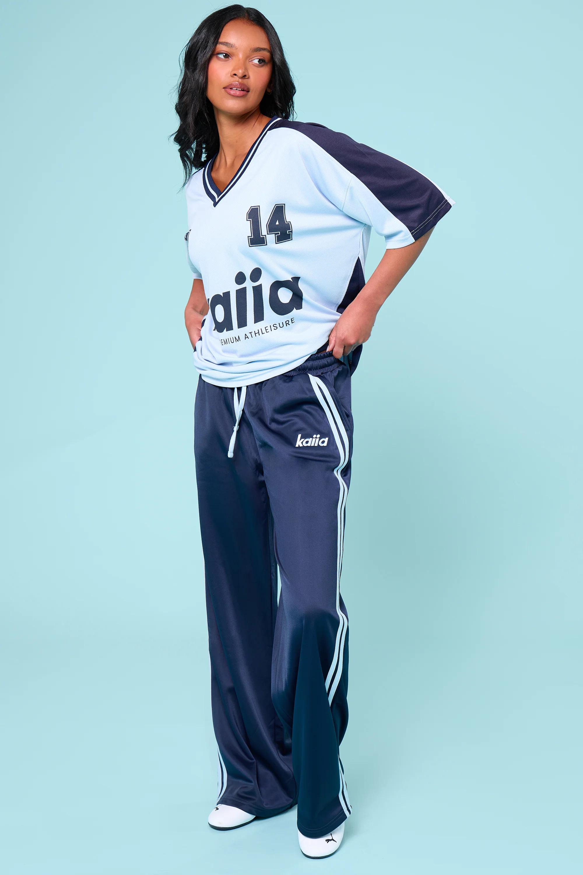 Kaiia Oversized Short Sleeve Football Top Baby Blue & Navy - Image 3
