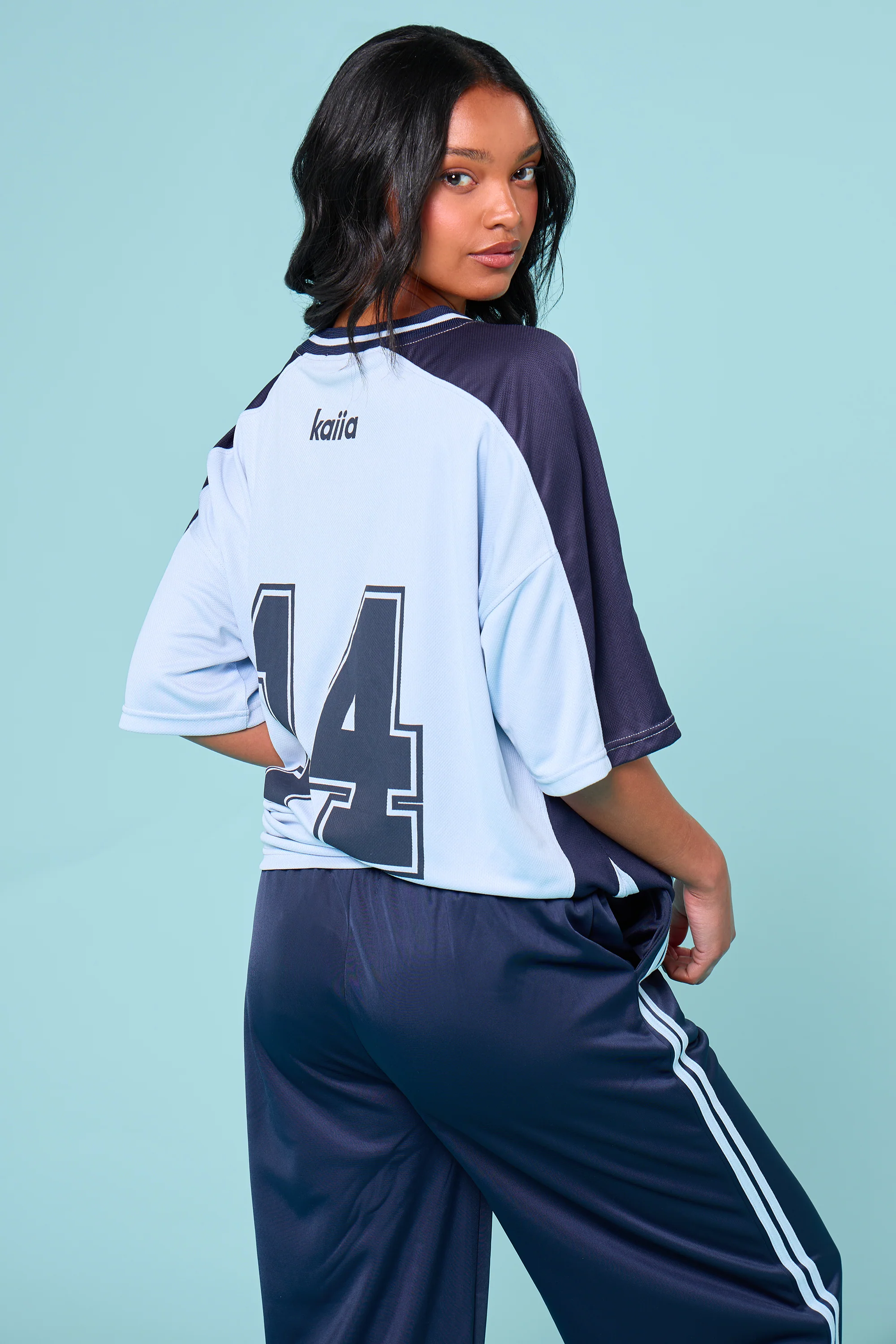 Kaiia Oversized Short Sleeve Football Top Baby Blue & Navy - Image 4