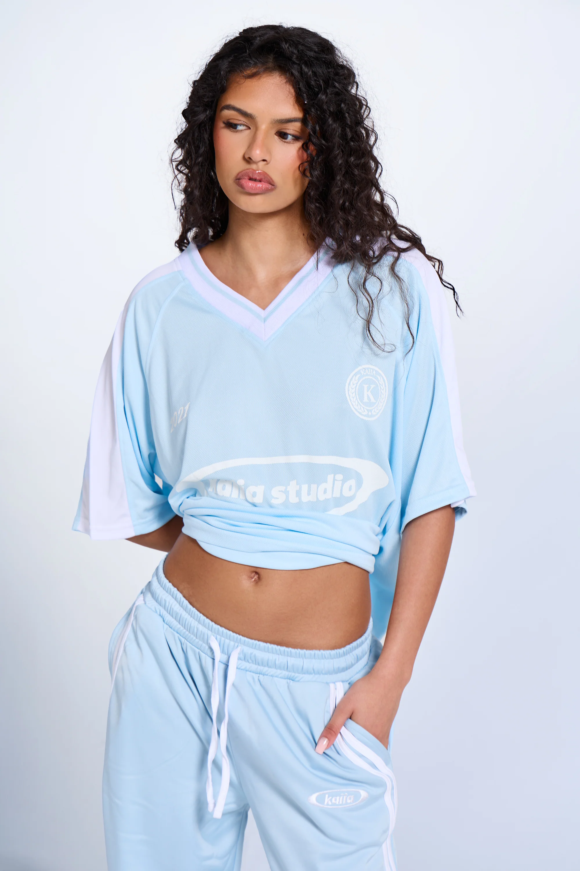 Kaiia Oversized Short Sleeve Football Top Baby Blue & White - Image 6