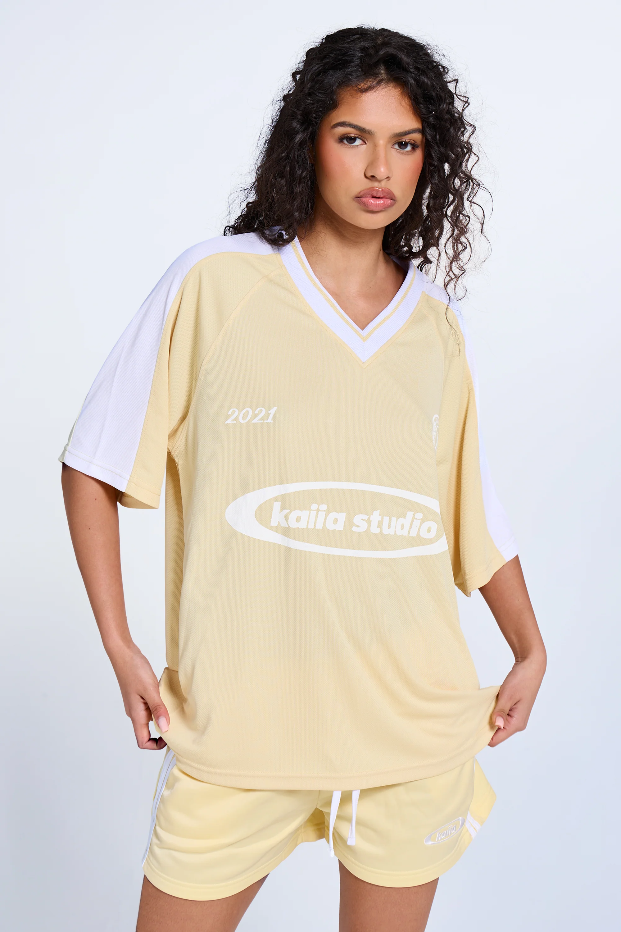 Kaiia Oversized Short Sleeve Football Top Lemon & White - Image 5