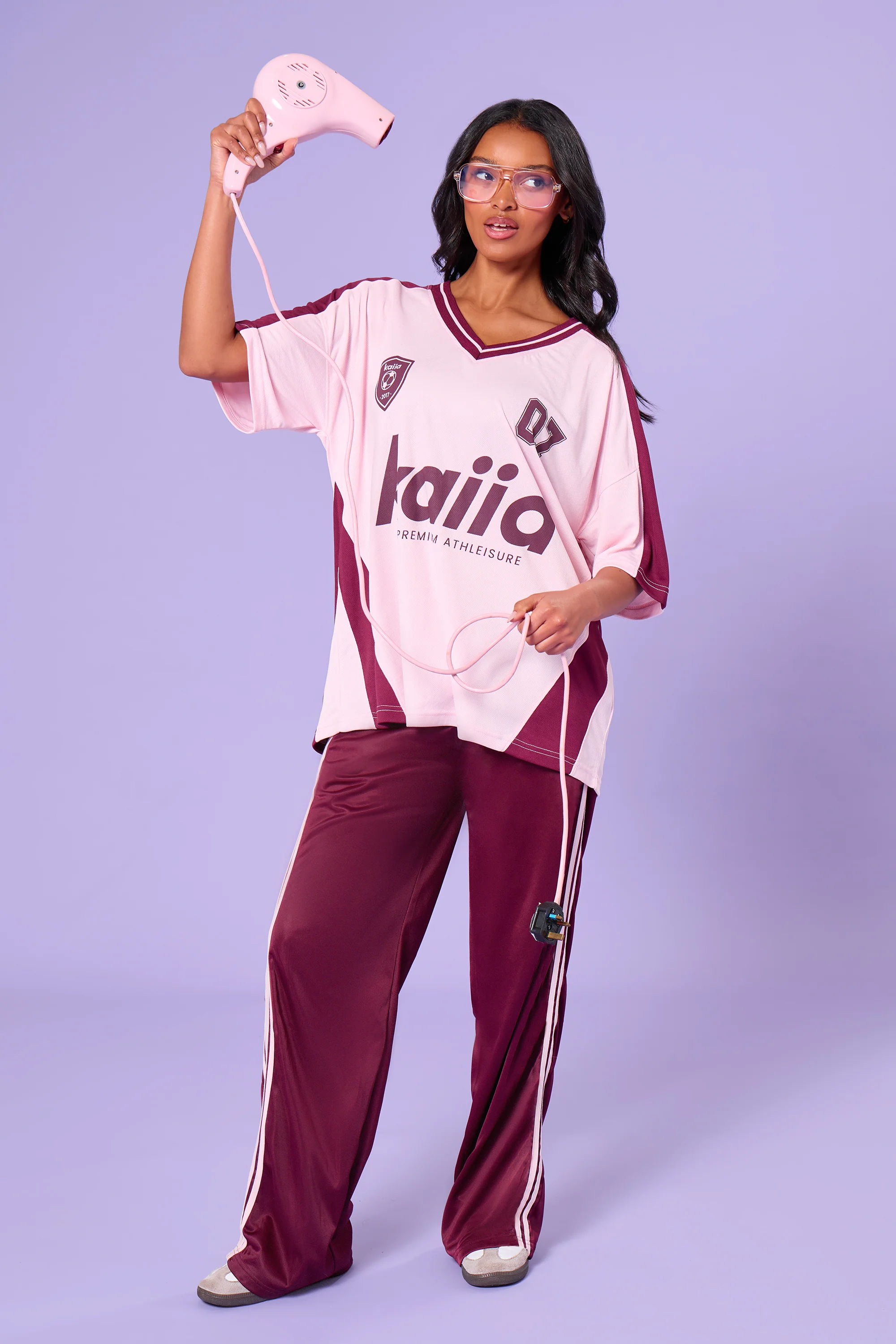Kaiia Oversized Short Sleeve Football Top Pink & Burgundy - Image 3
