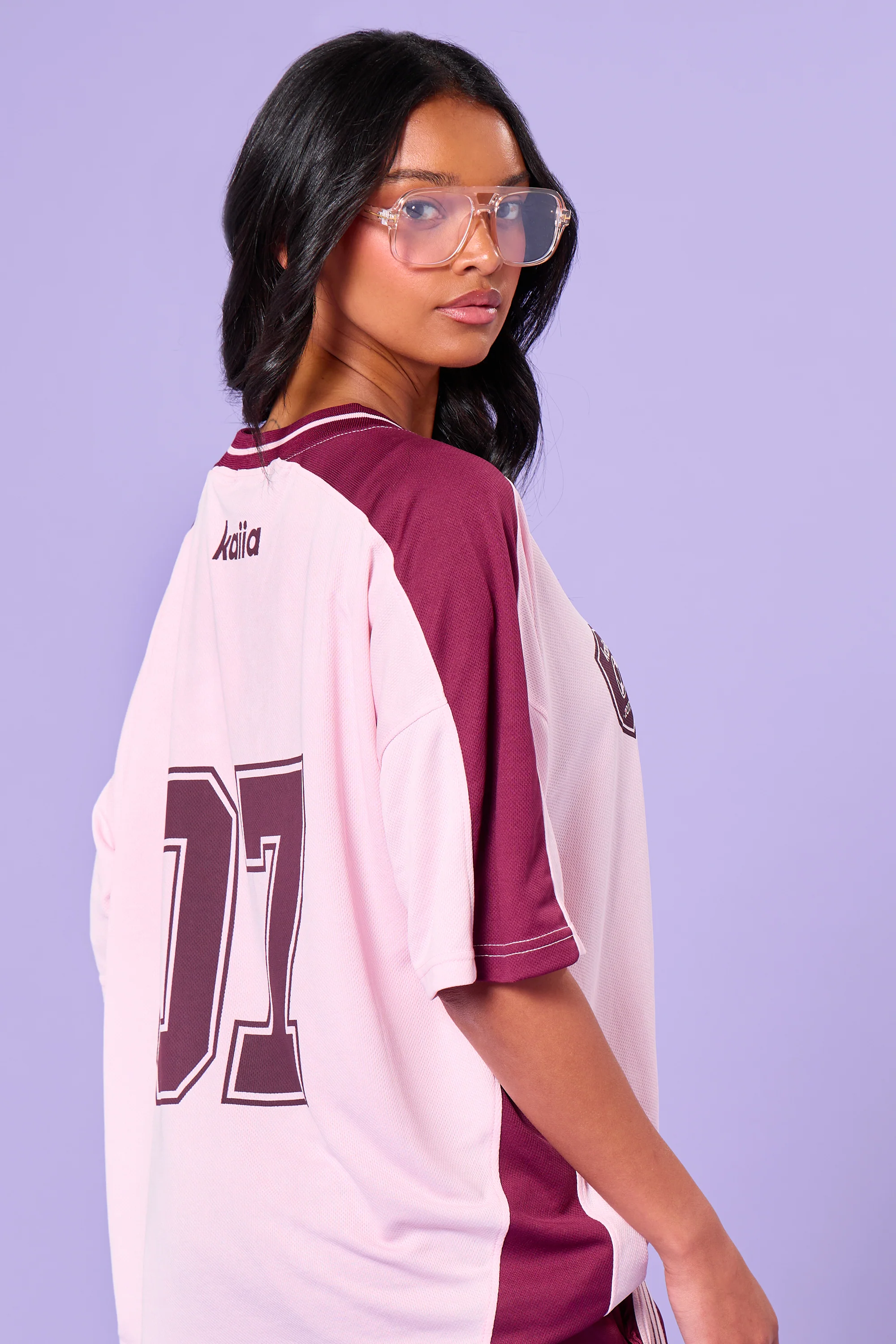 Kaiia Oversized Short Sleeve Football Top Pink & Burgundy - Image 4