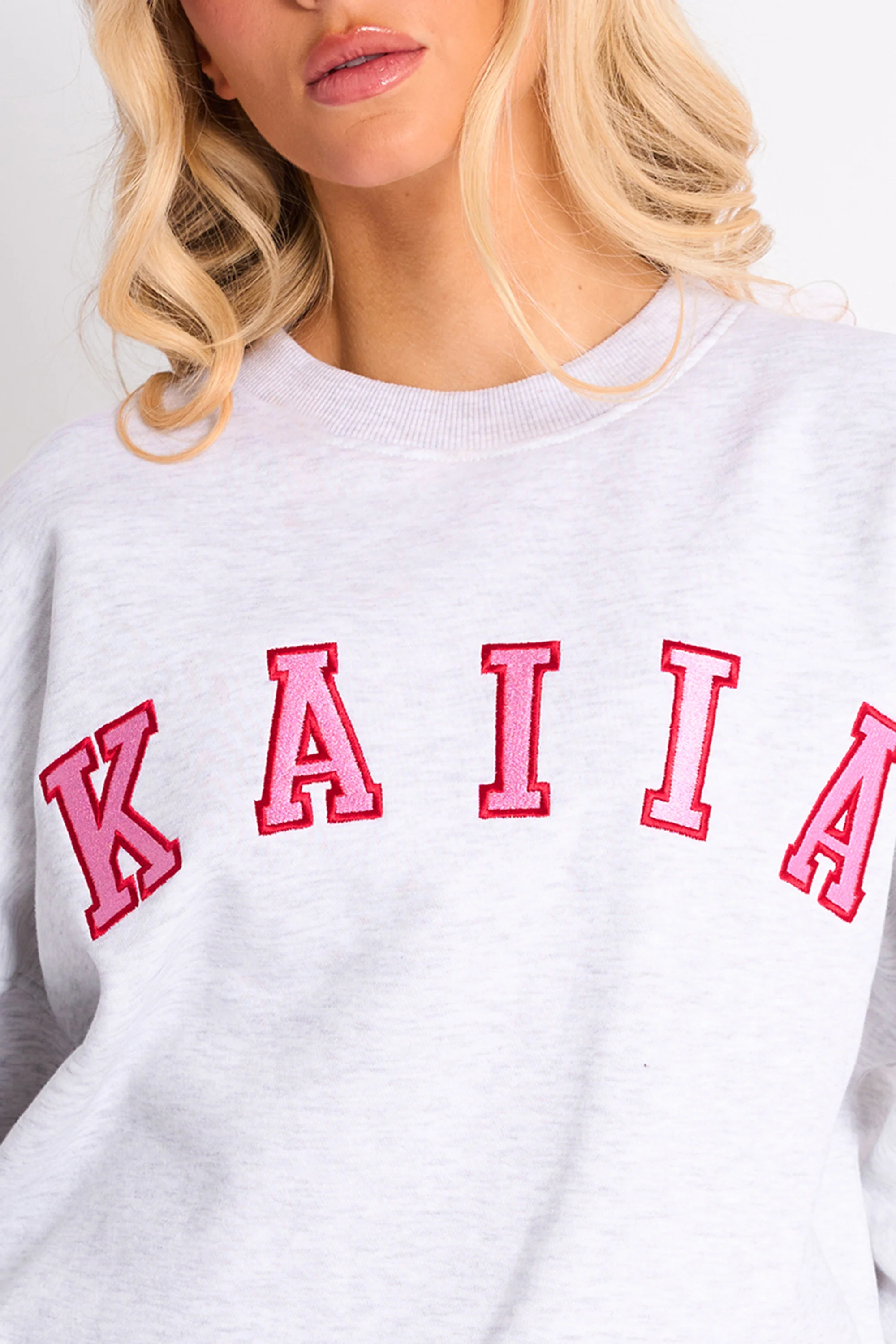 Kaiia Slogan Oversized Sweatshirt Light Grey Marl & Pink Contrast - Image 4