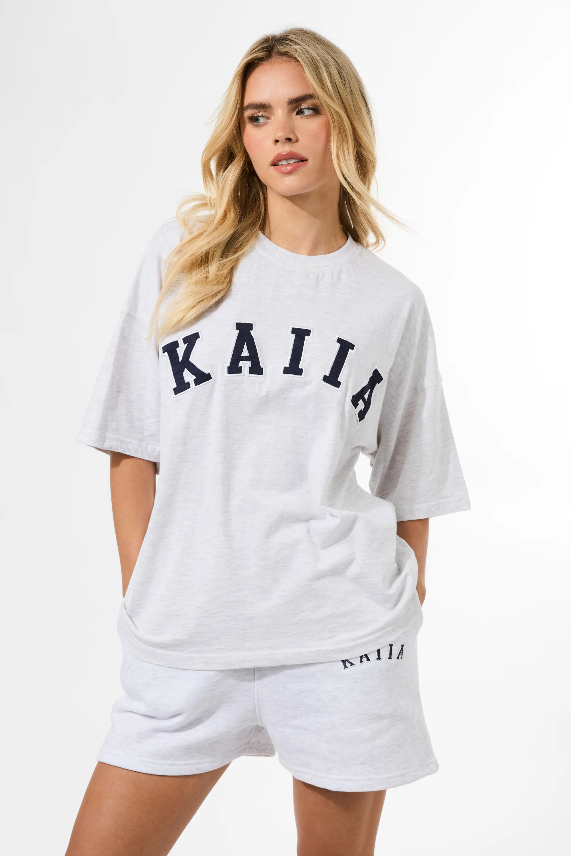 Kaiia Oversized T-shirt Light Grey Marl & Navy - Image 5