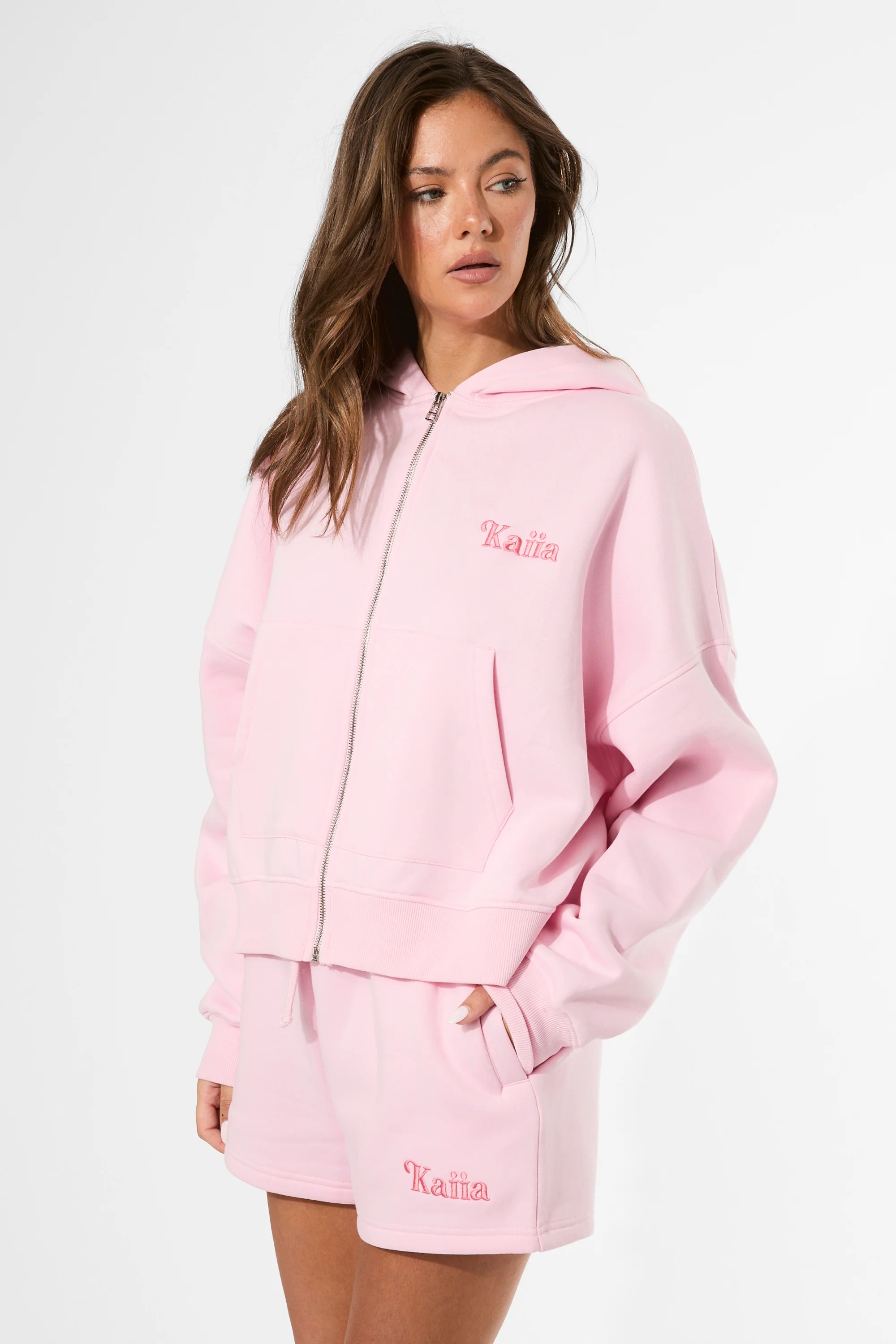 Kaiia Oversized Zip Through Hoodie Baby Pink - Image 8