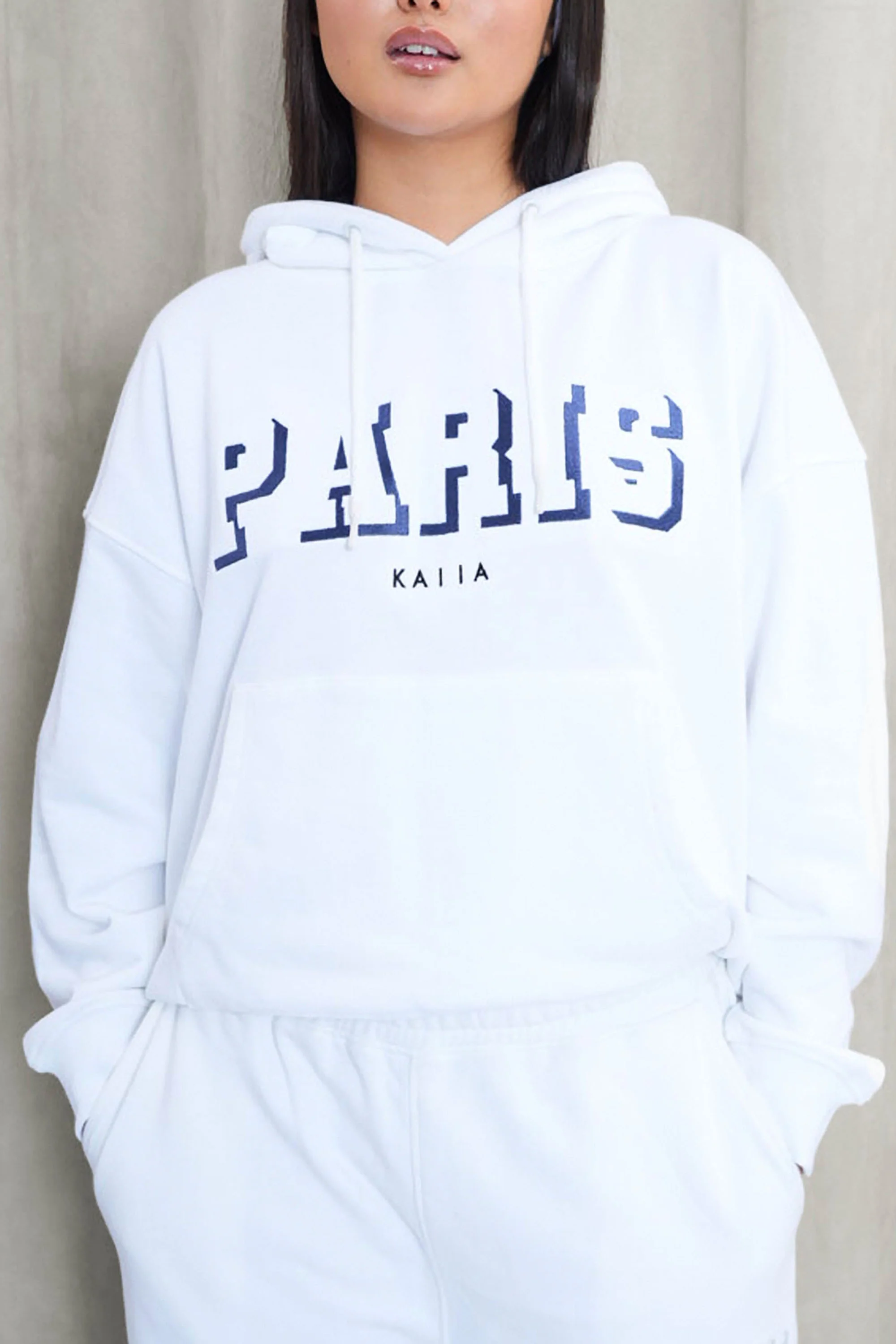 Kaiia Paris Shadow Logo Oversized Drawstring Hoodie White - Image 8