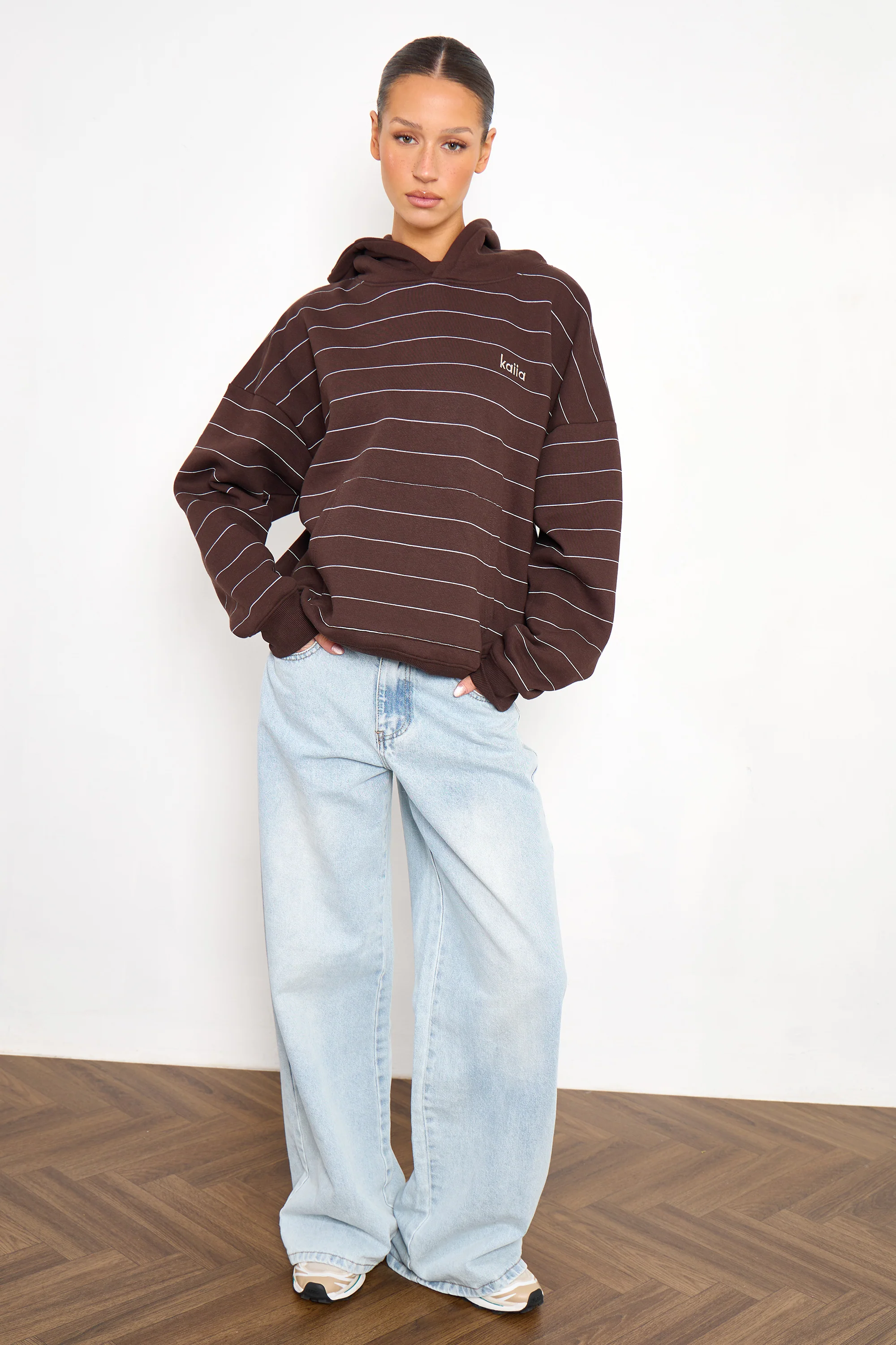 Kaiia Pinstripe Oversized Hoodie Bitter Chocolate & Cream - Image 4