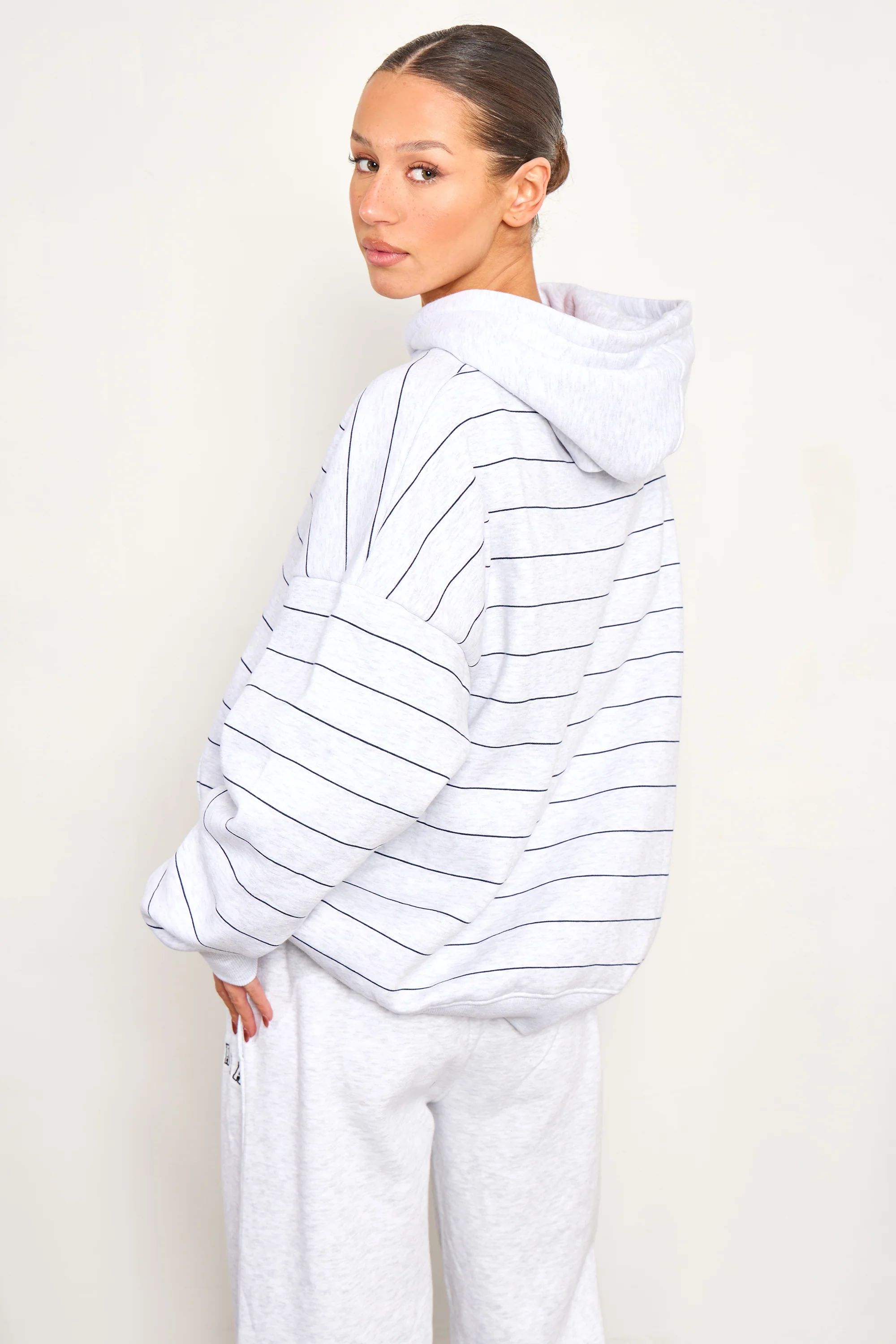 Kaiia Pinstripe Oversized Hoodie Light Grey Marl & Navy - Image 3