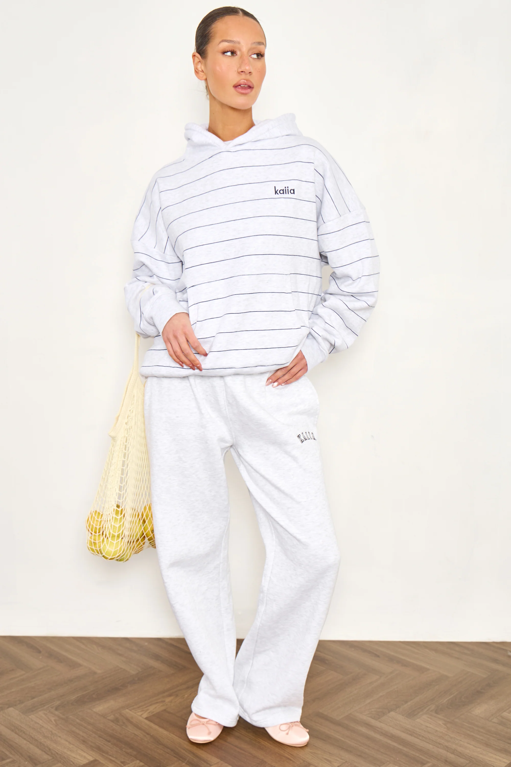 Kaiia Pinstripe Oversized Hoodie Light Grey Marl & Navy - Image 4