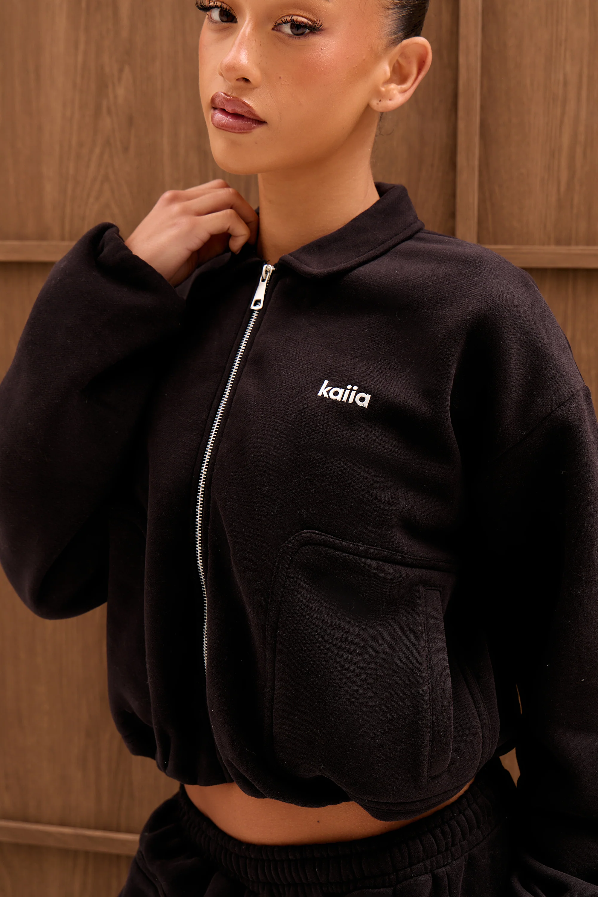 Kaiia Chrome Logo Pocket Detail Zip Through Sweatshirt Black - Image 3