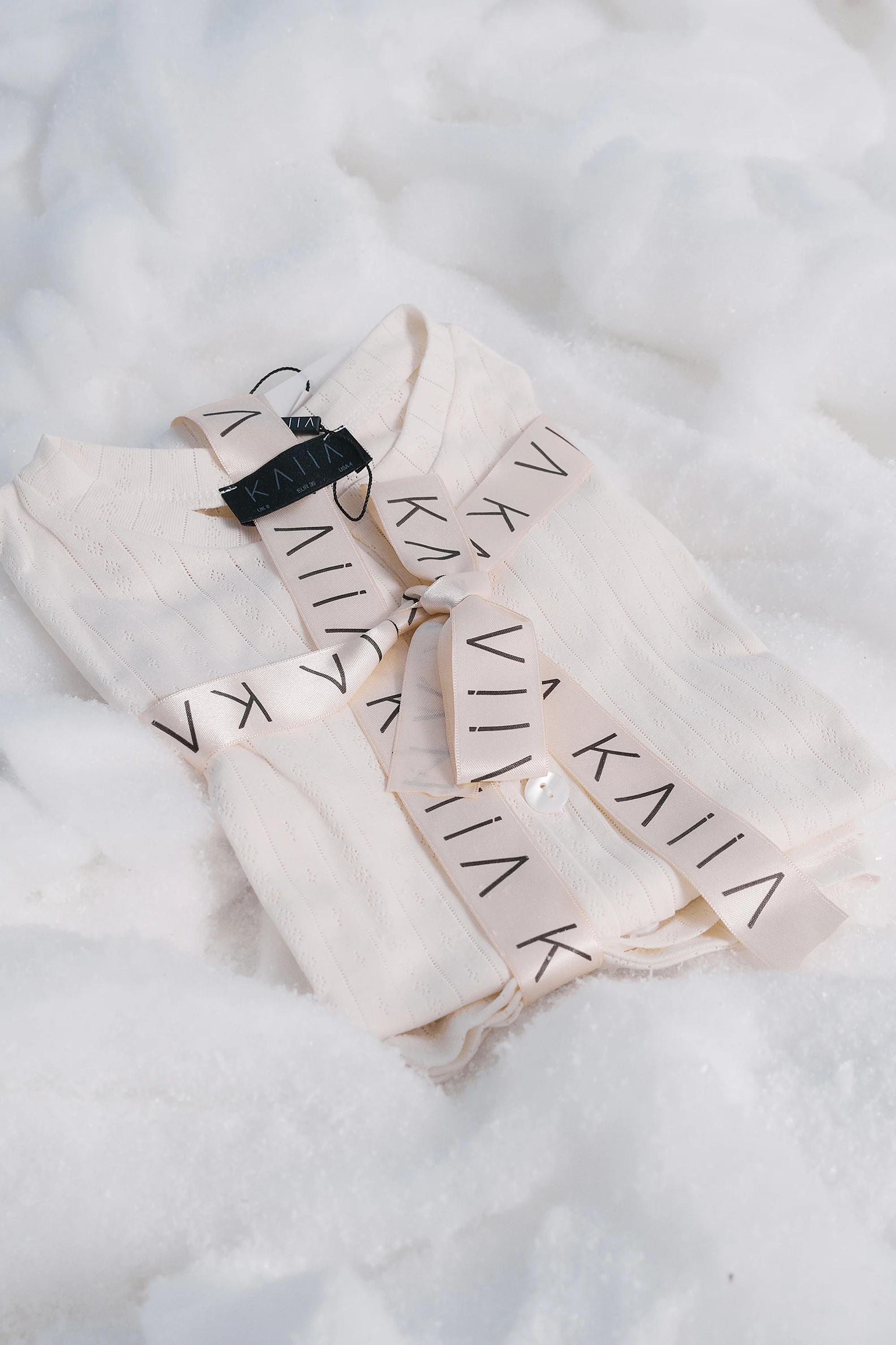 Kaiia Pointelle Button Up Long Sleeve Top & Shorts Pj Set Cream - Image 10