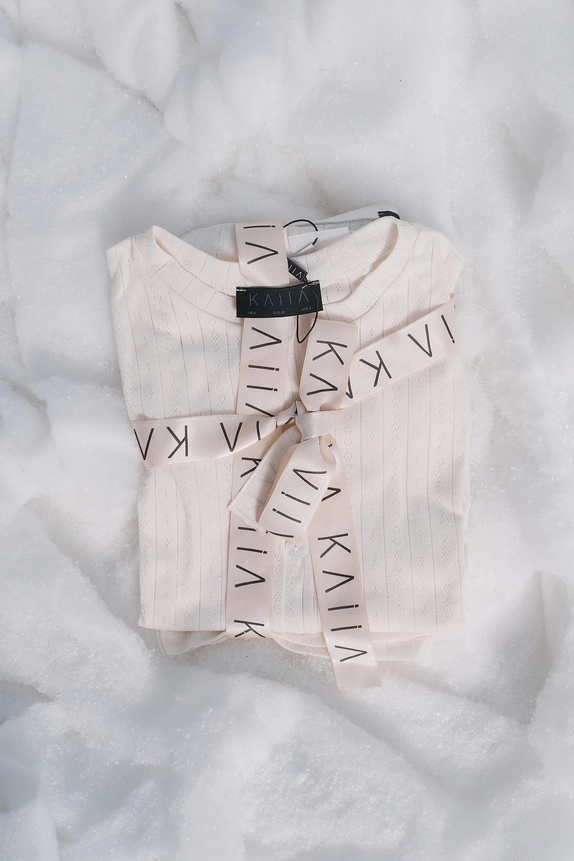 Kaiia Pointelle Button Up Long Sleeve Top & Shorts Pj Set Cream - Image 9