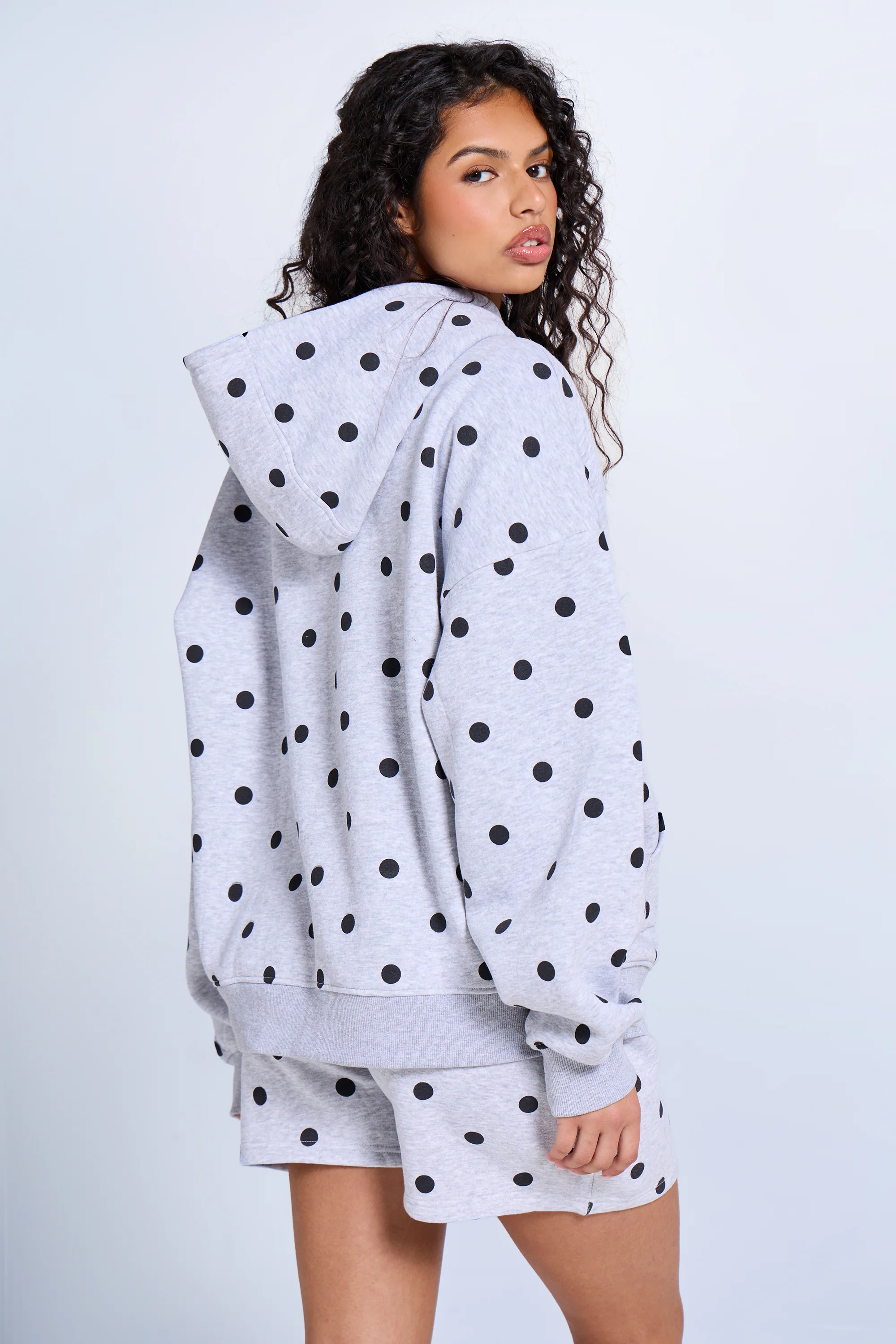 Kaiia Polka Dot Oversized Hoodie Grey Marl & Black - Image 4