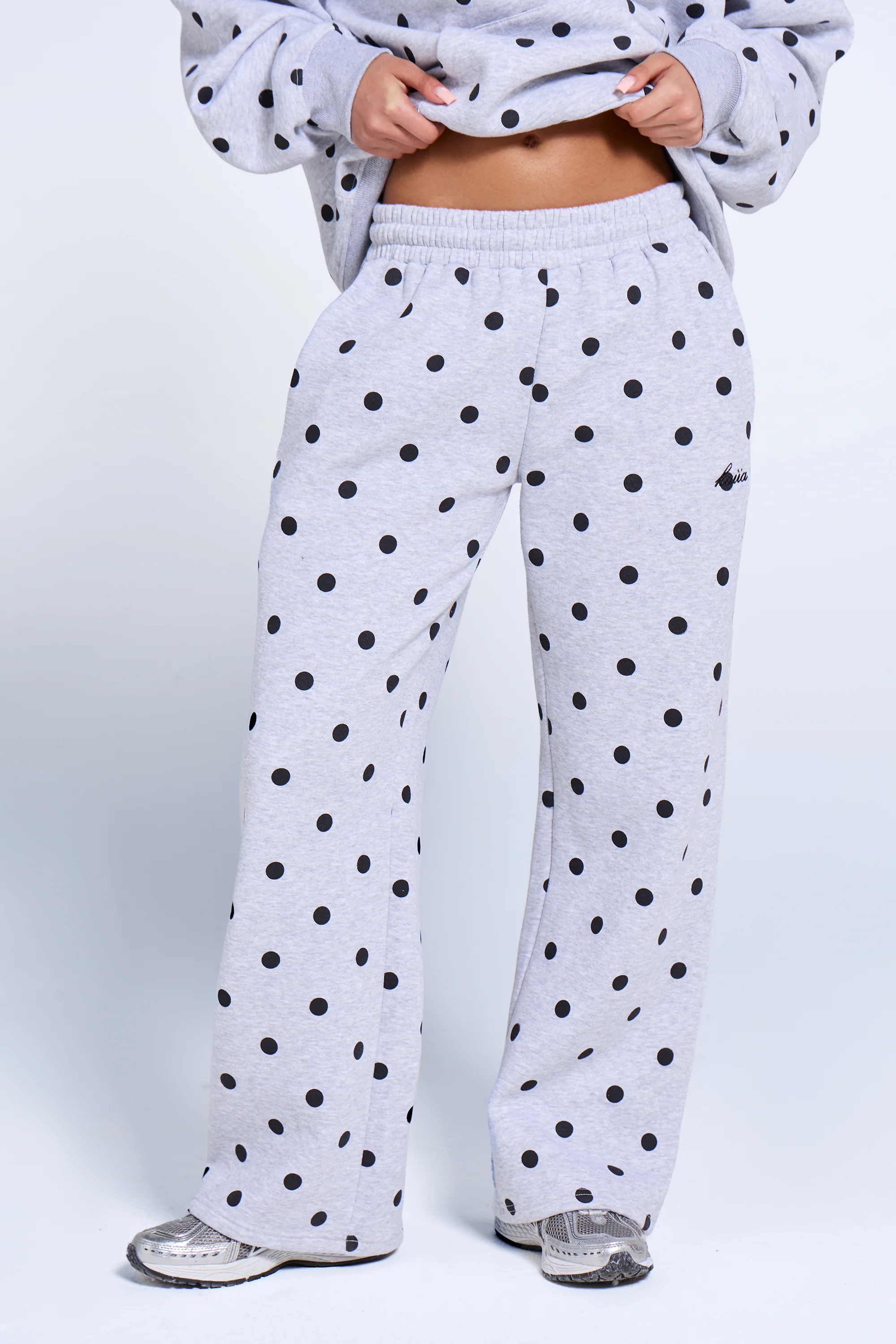 Kaiia Polka Dot Wide Leg Joggers Grey Marl & Black - Image 3