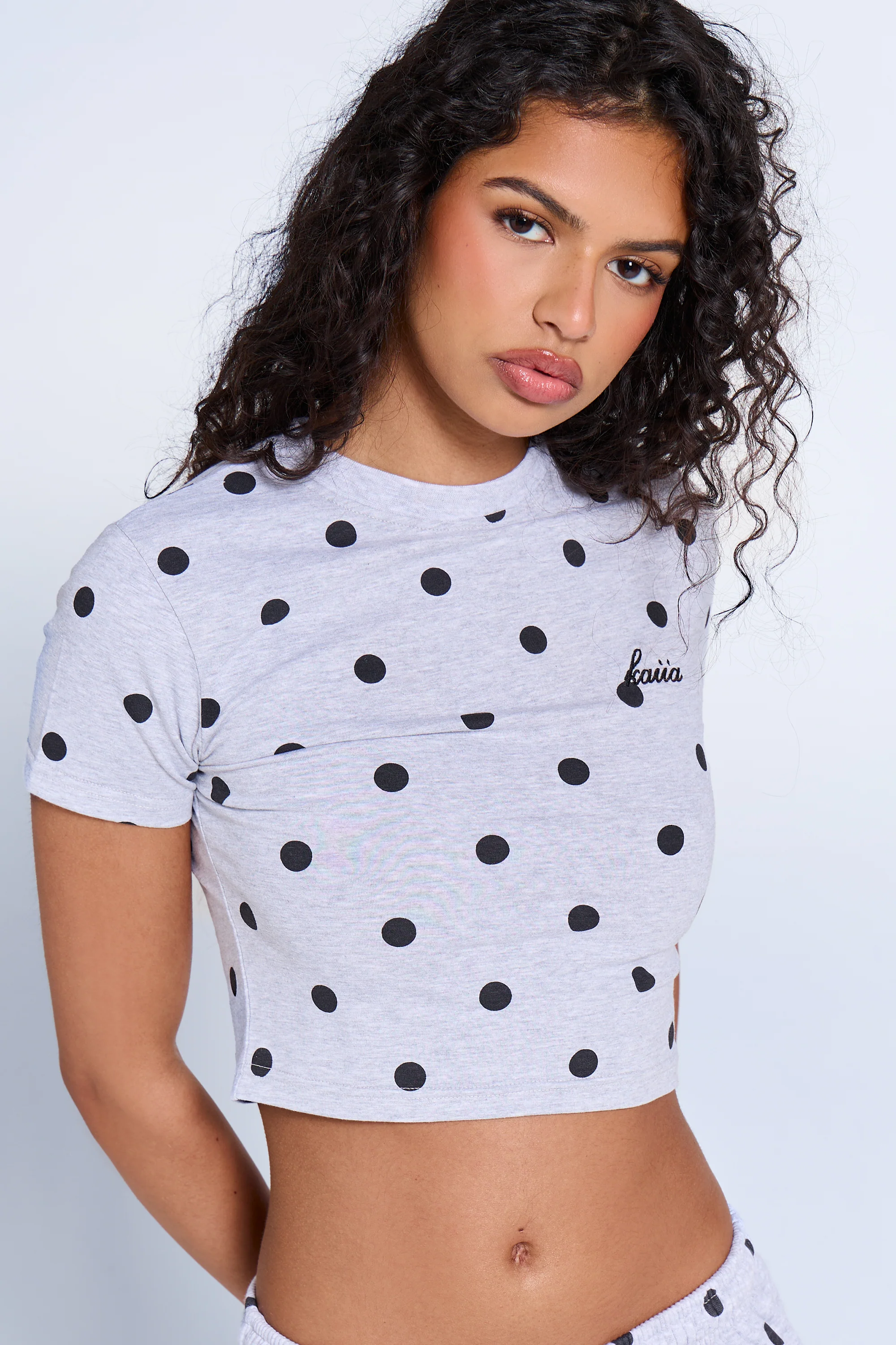 Kaiia Polka Dot Baby Tee Grey Marl & Black - Image 2