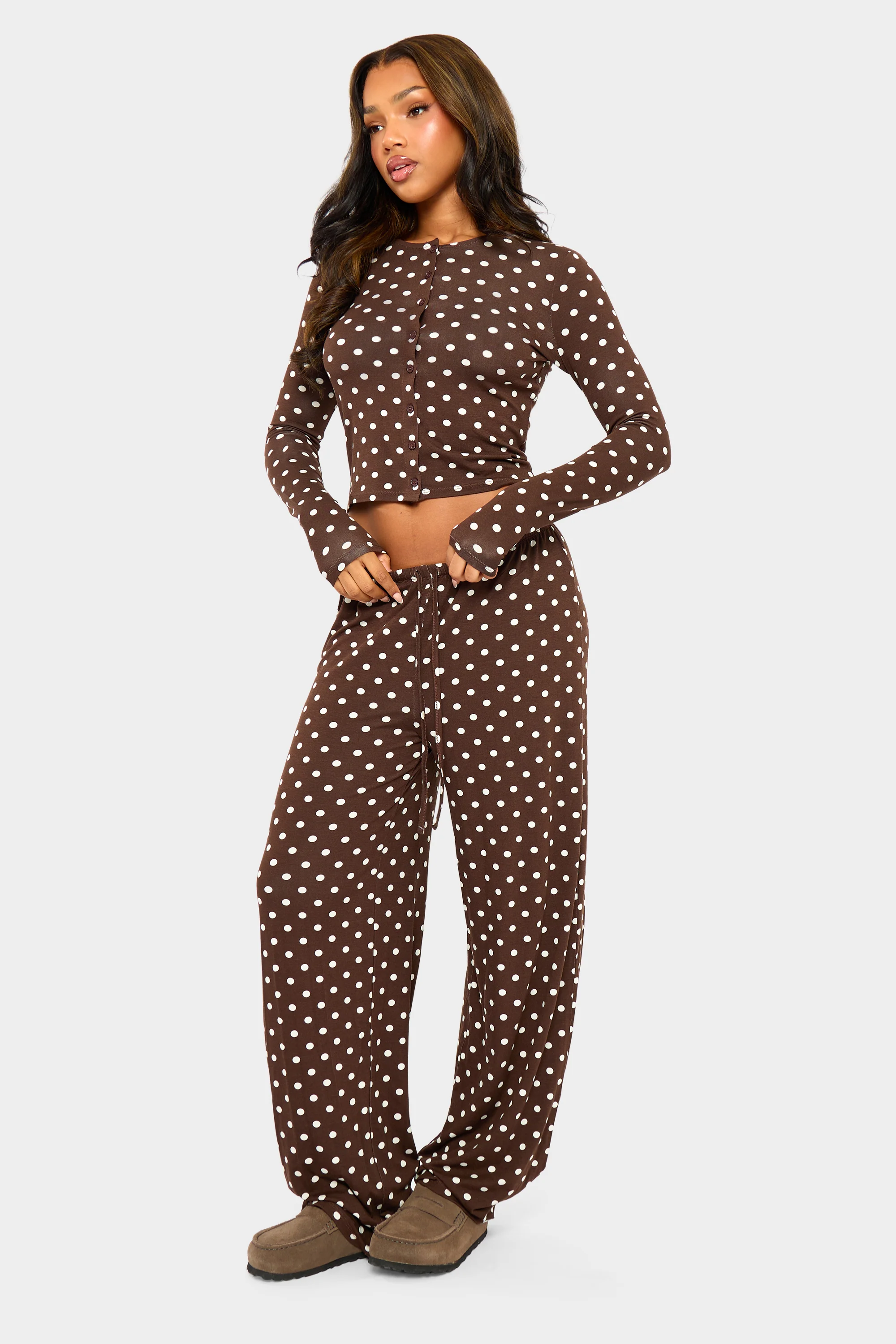 Kaiia Polka Dot Button Up Long Sleeve Crop Top Brown & Cream - Image 3