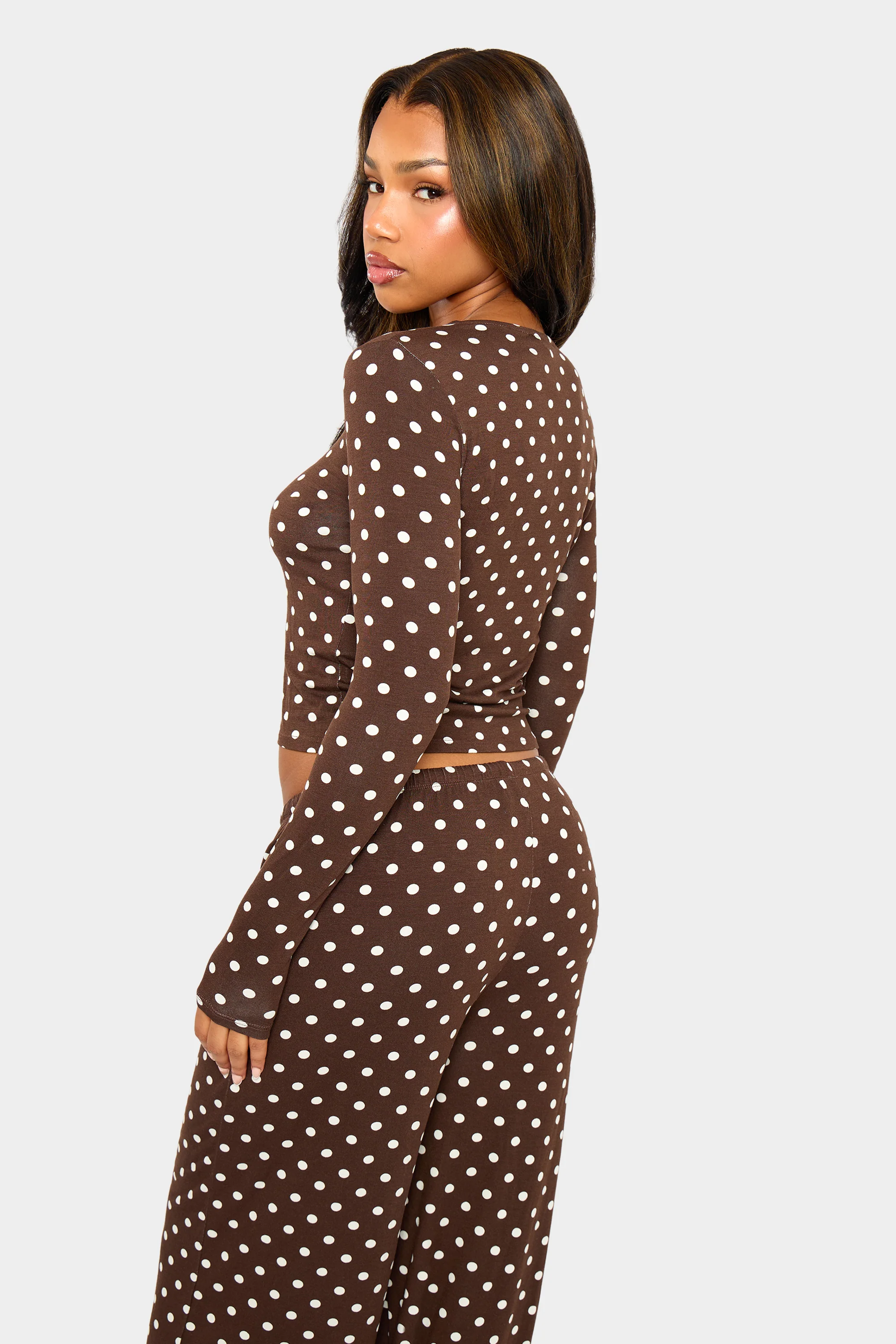 Kaiia Polka Dot Button Up Long Sleeve Crop Top Brown & Cream - Image 4