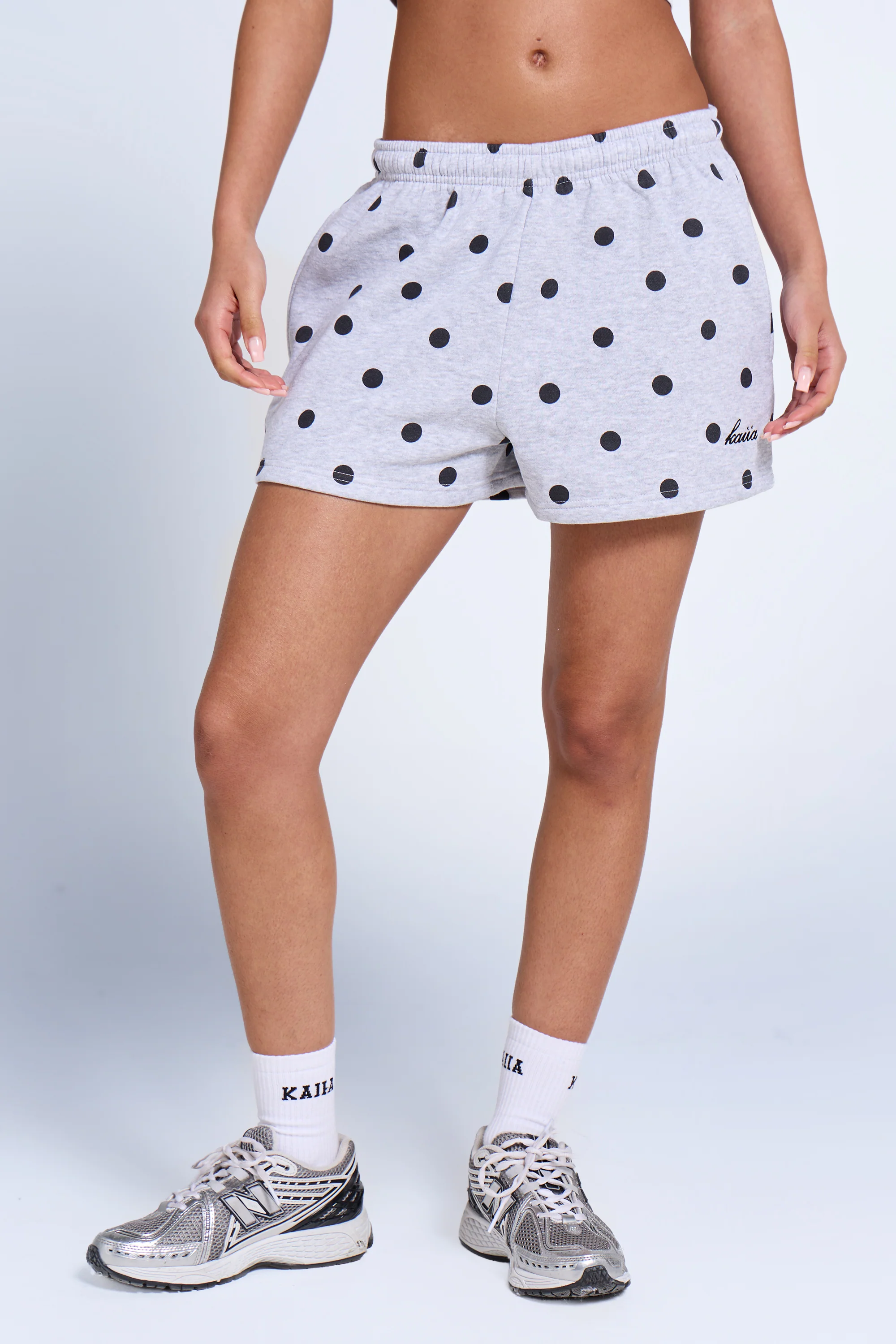 Kaiia Polka Dot Mini Sweat Shorts Grey Marl & Black - Image 4