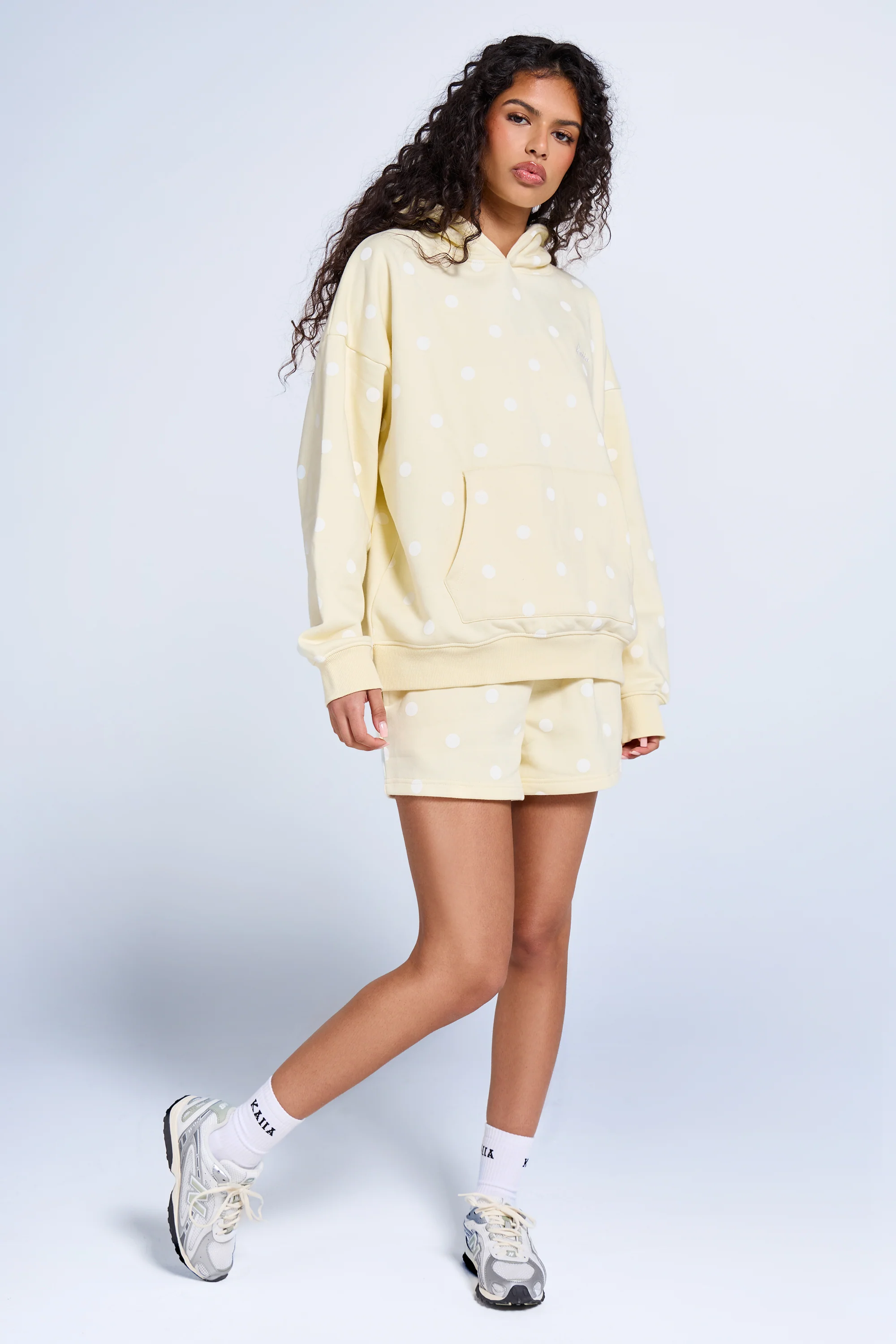 Kaiia Polka Dot Oversized Hoodie Lemon & White - Image 3