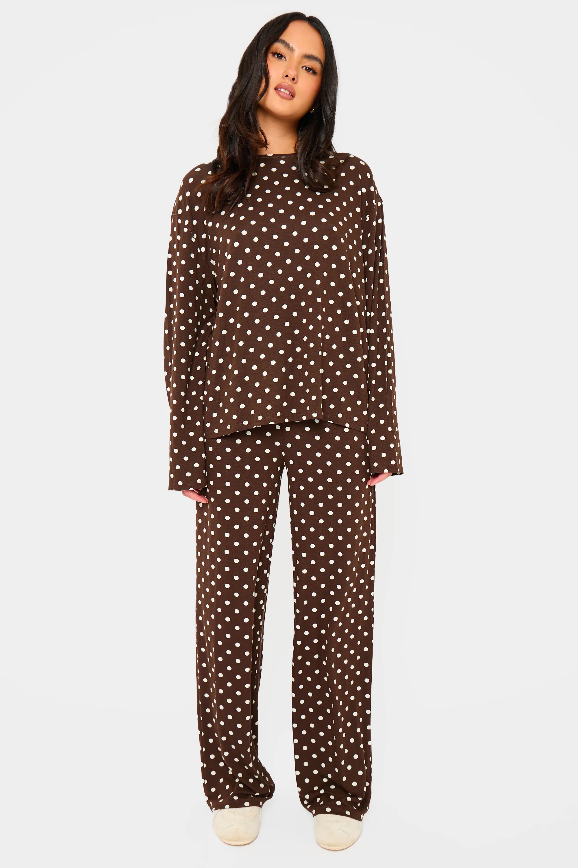 Kaiia Polka Dot Oversized Long Sleeve T-shirt Brown & Cream - Image 3
