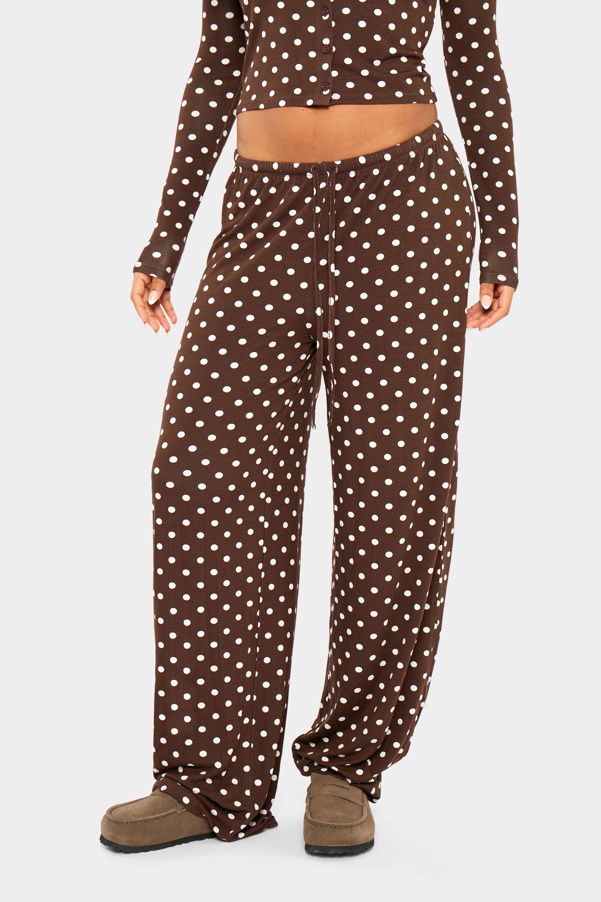Kaiia Polka Dot Wide Leg Trousers Brown & Cream - Image 3