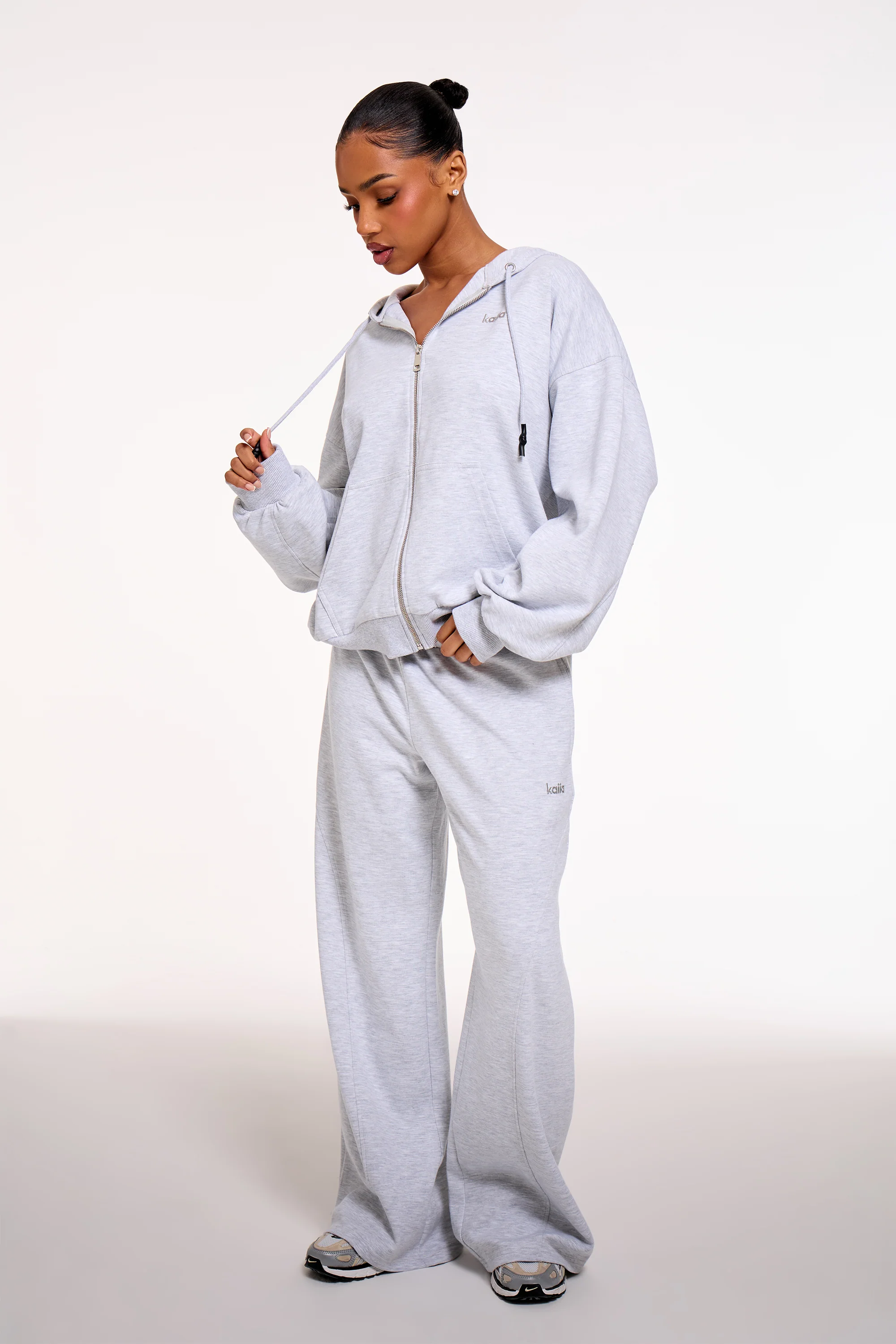 Kaiia Chrome Logo Premium Interlock Oversized Zip Through Hoodie Light Grey Marl - Image 3