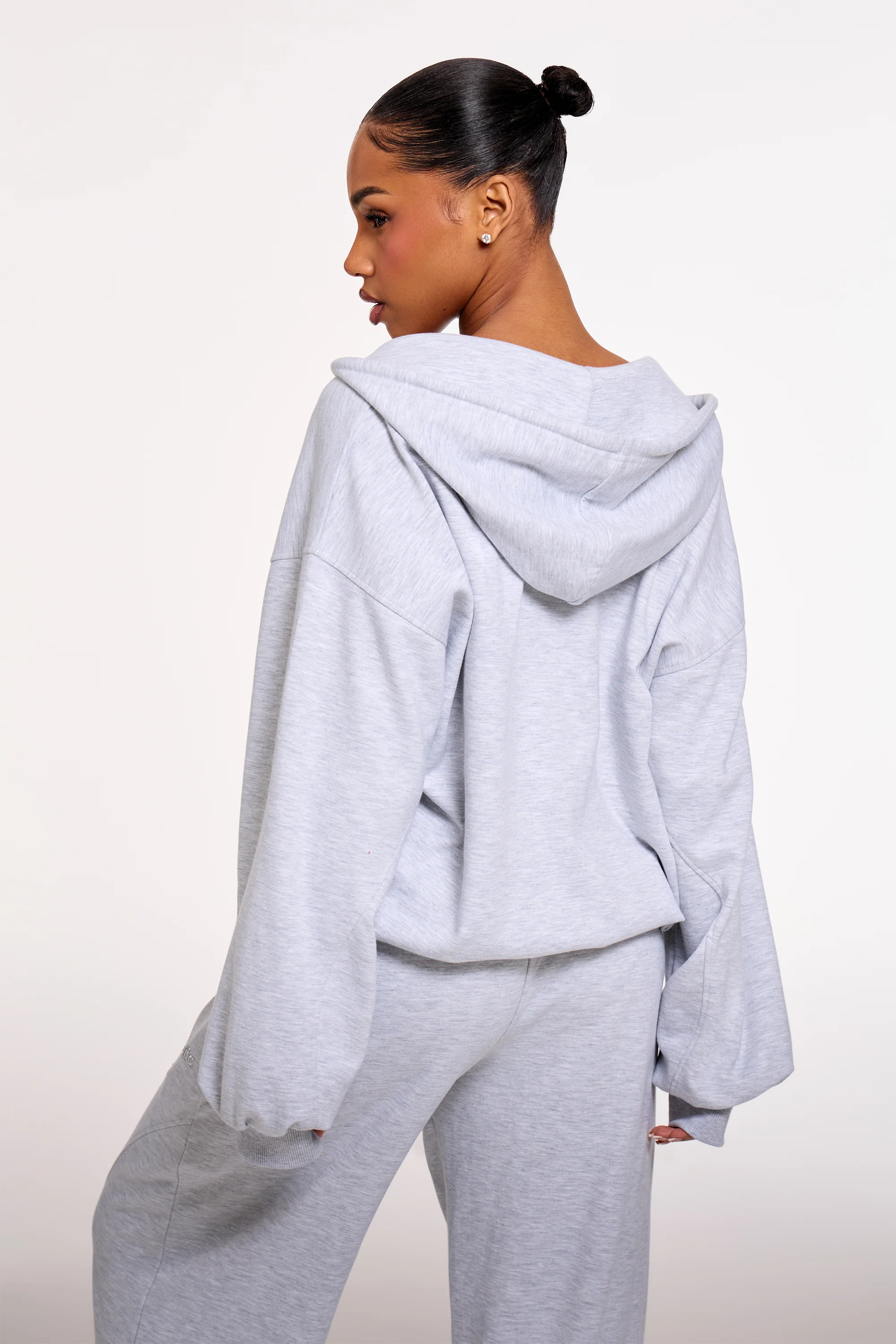 Kaiia Chrome Logo Premium Interlock Oversized Zip Through Hoodie Light Grey Marl - Image 4