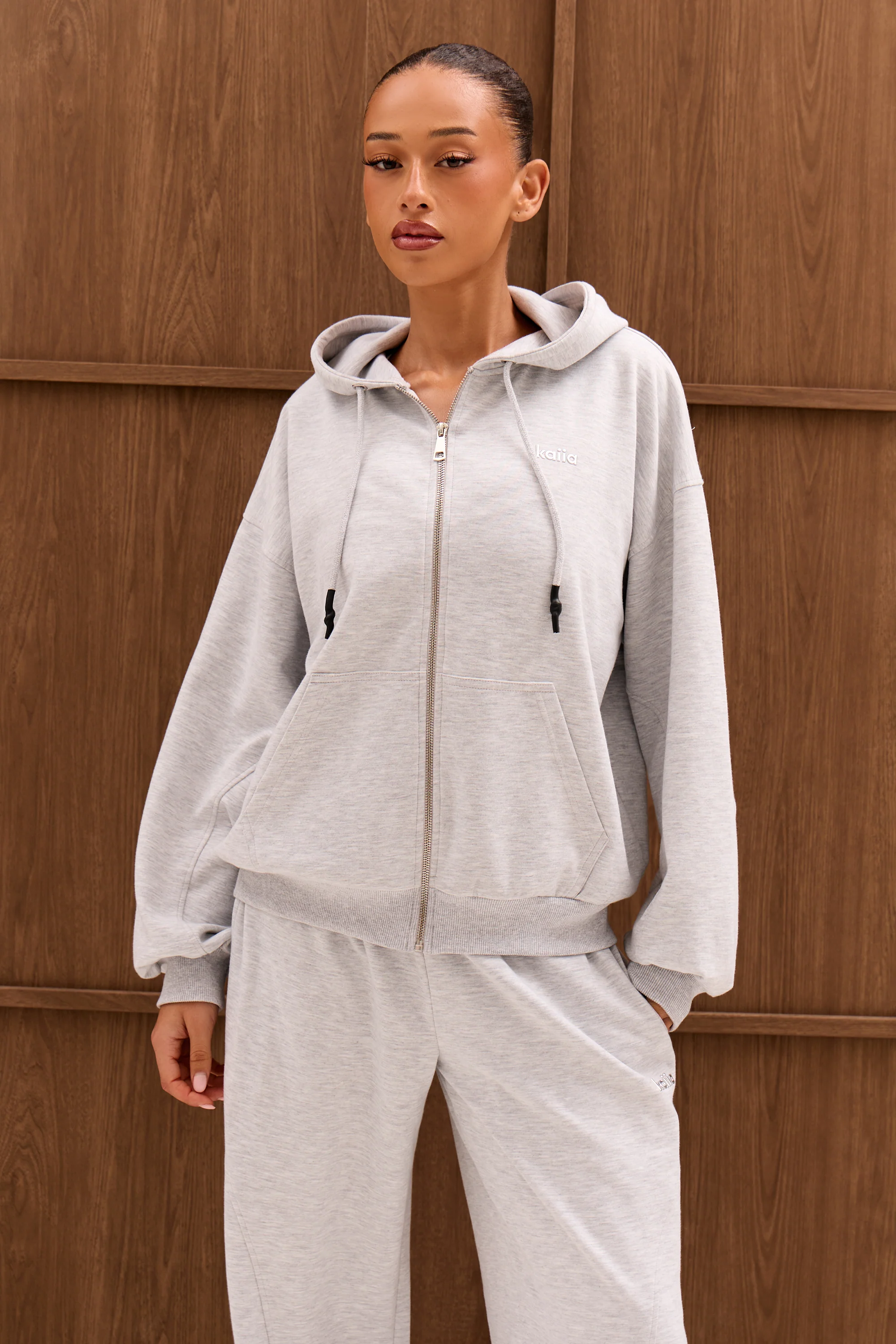 Kaiia Chrome Logo Premium Interlock Oversized Zip Through Hoodie Light Grey Marl - Image 5