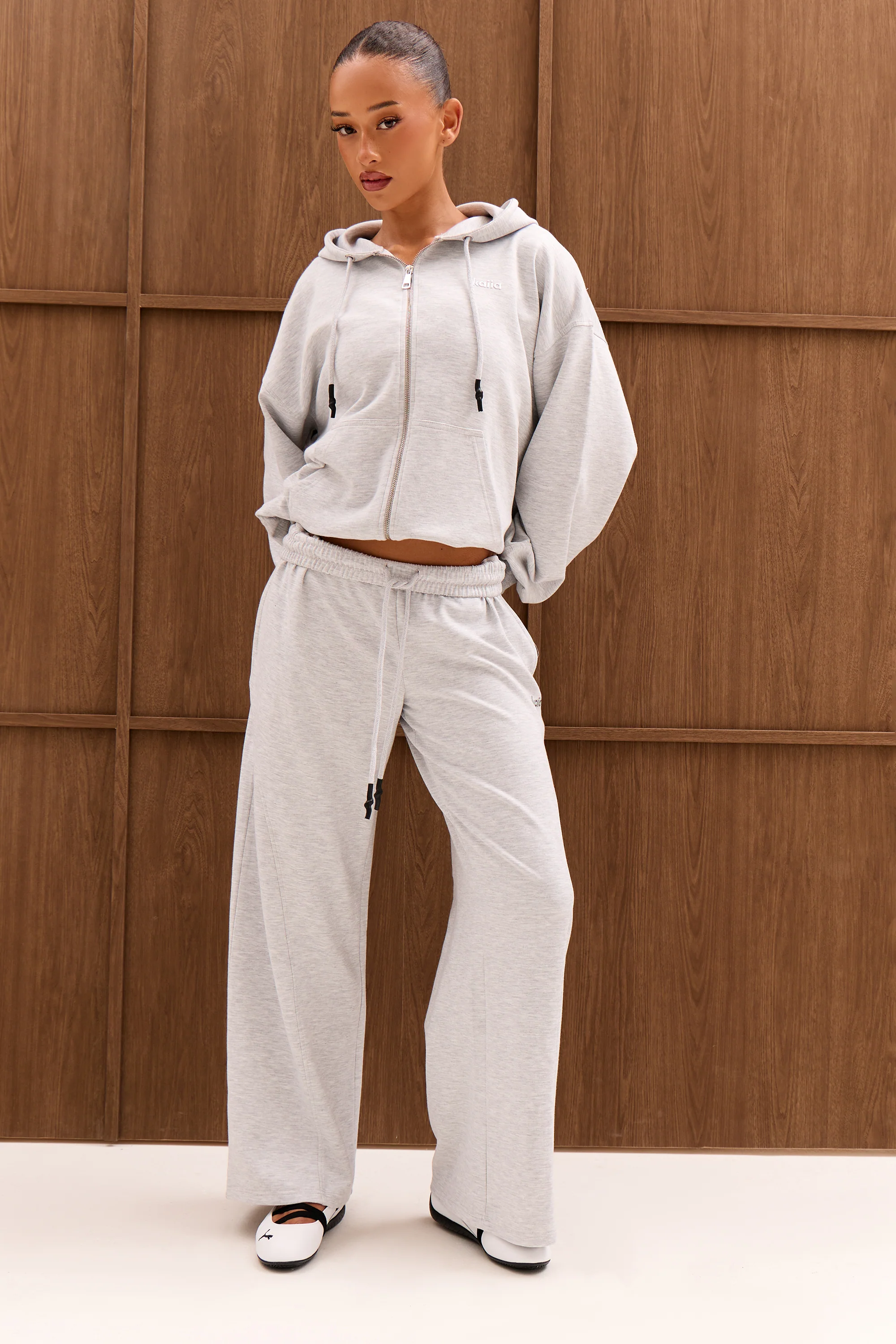 Kaiia Chrome Logo Premium Interlock Oversized Zip Through Hoodie Light Grey Marl - Image 7
