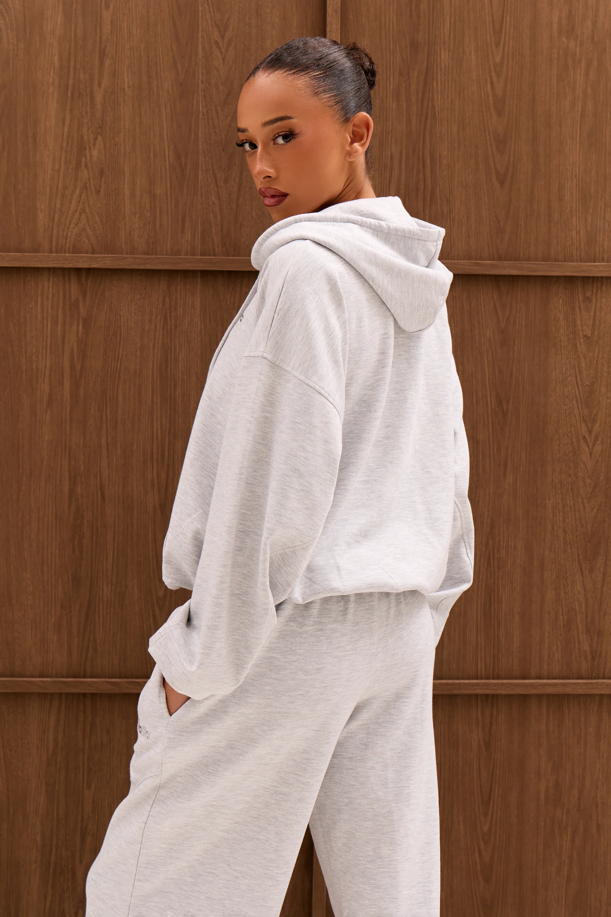 Kaiia Chrome Logo Premium Interlock Oversized Zip Through Hoodie Light Grey Marl - Image 8