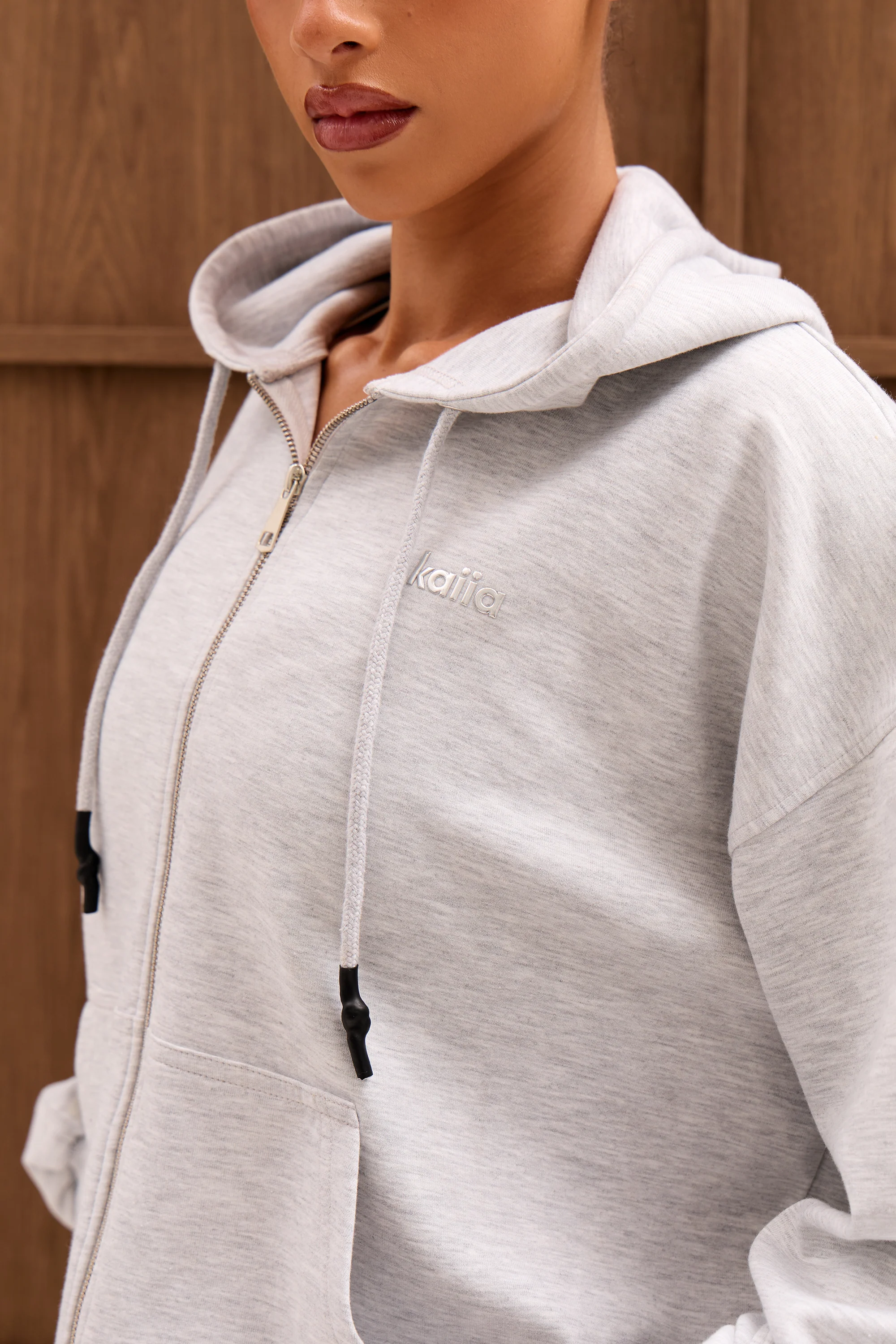 Kaiia Chrome Logo Premium Interlock Oversized Zip Through Hoodie Light Grey Marl - Image 9