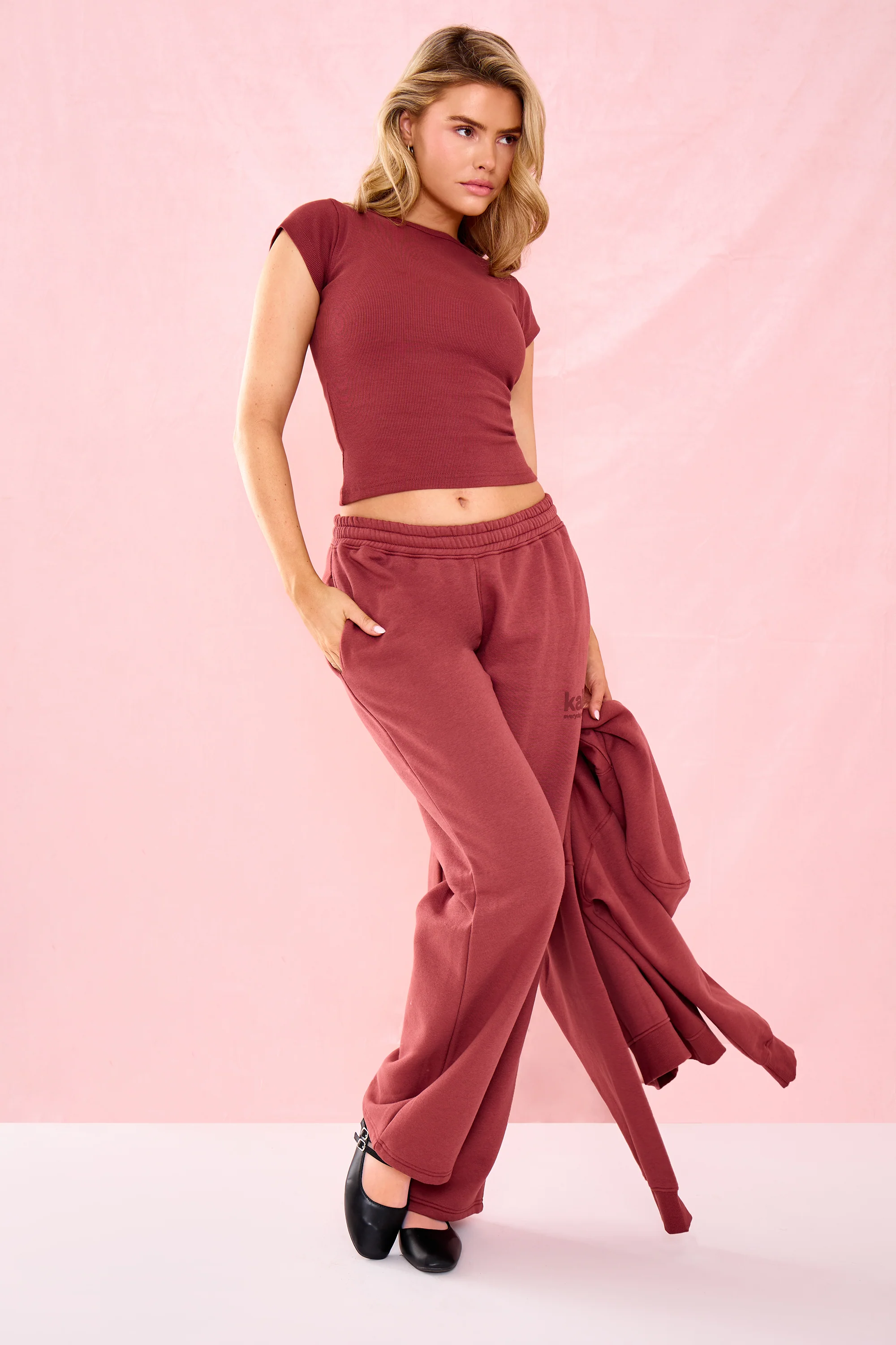 Kaiia Ribbed Slash Neck Longline Baby Tee Toast - Image 3