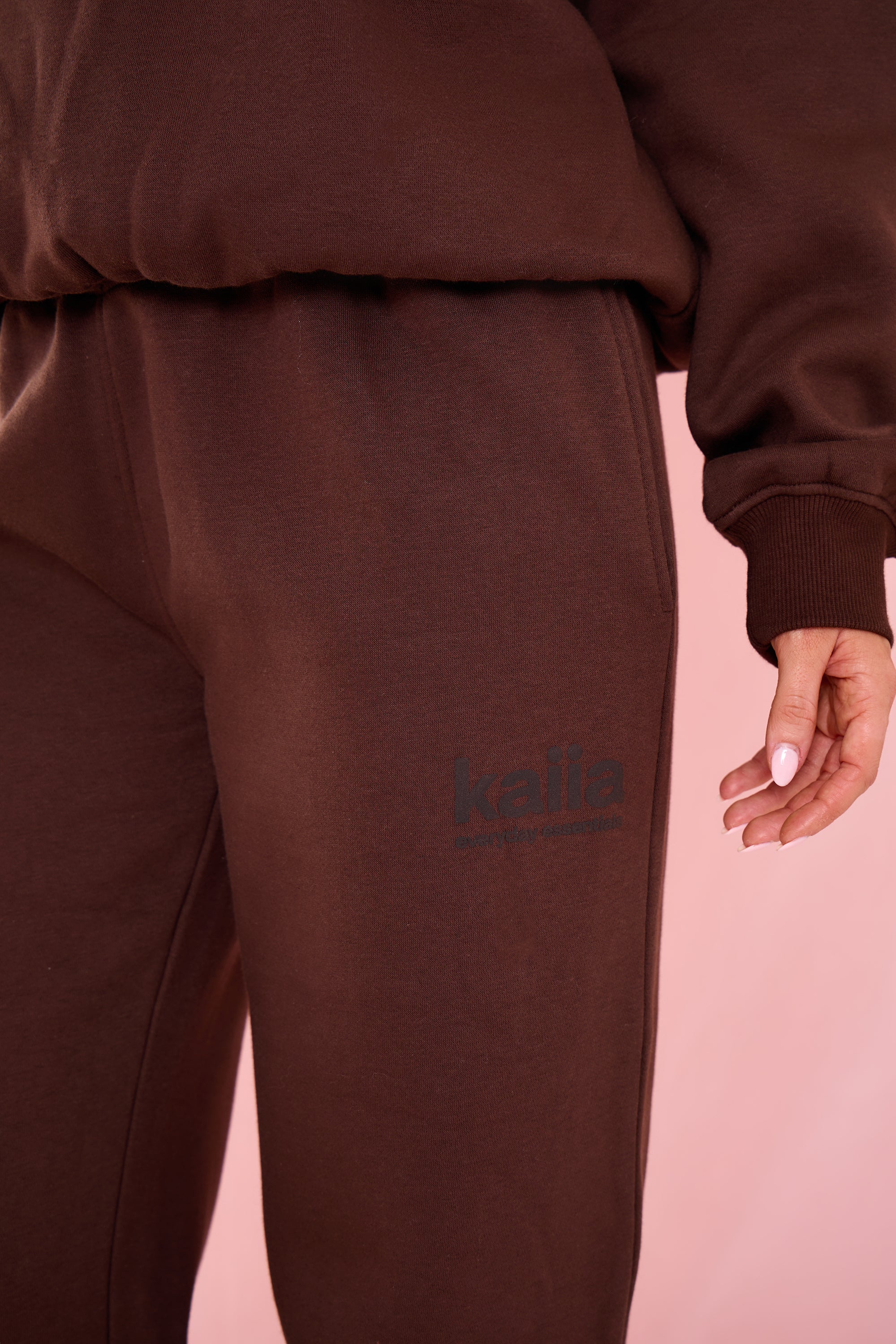Kaiia Matte Slogan Mid Rise Wide Leg Joggers Bitter Chocolate - Image 2