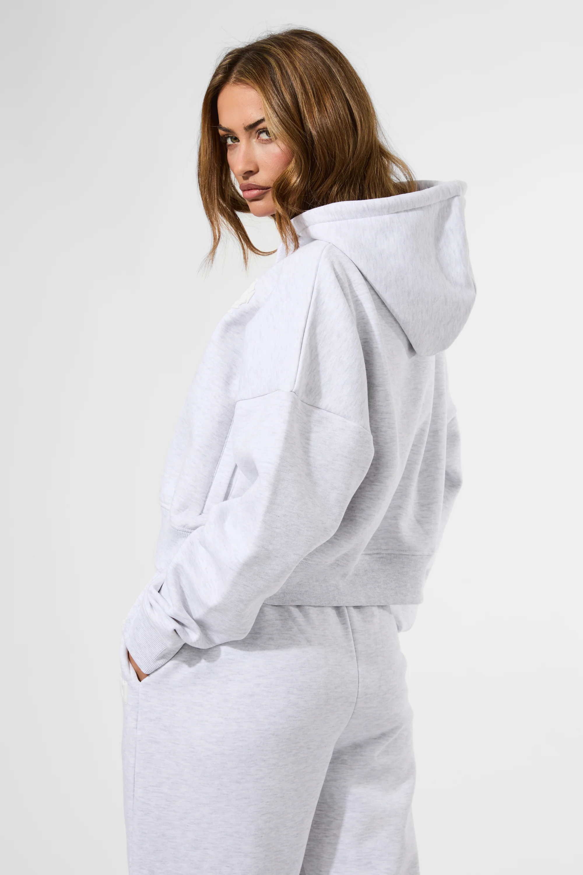 Kaiia Puff Print Cropped Oversized Hoodie Ash Grey Marl - Image 3