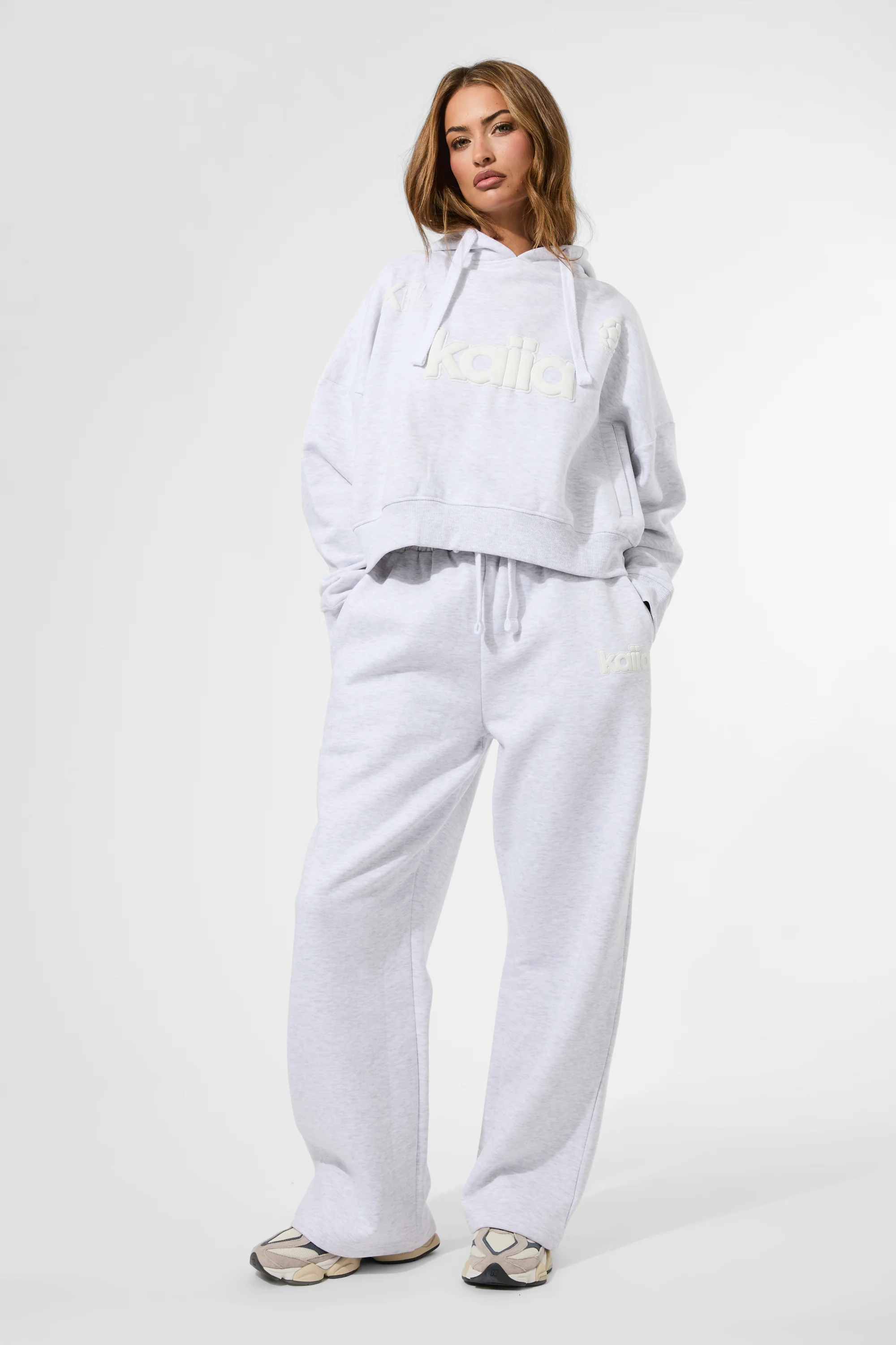 Kaiia Puff Print Cropped Oversized Hoodie Ash Grey Marl - Image 5