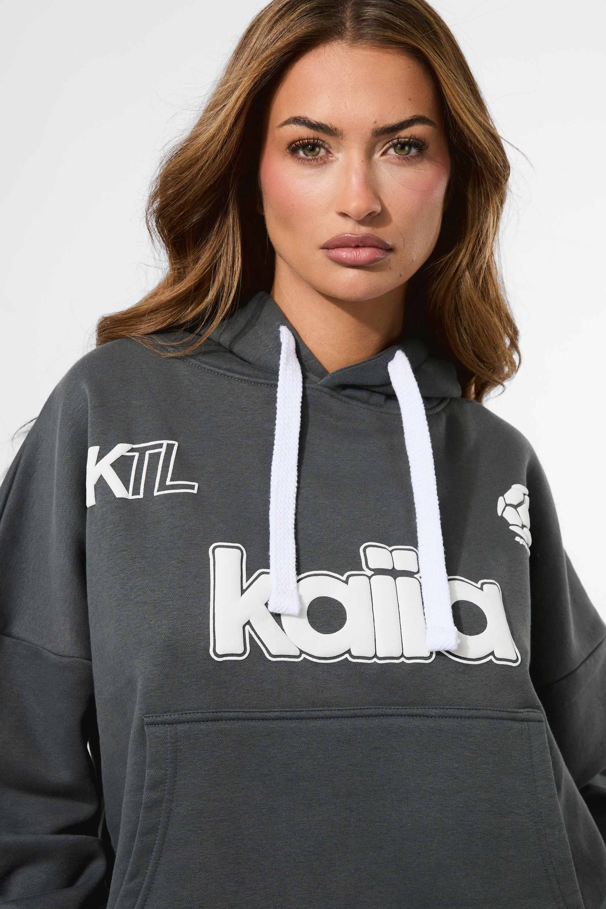 Kaiia Puff Print Oversized Hoodie Charcoal - Image 2