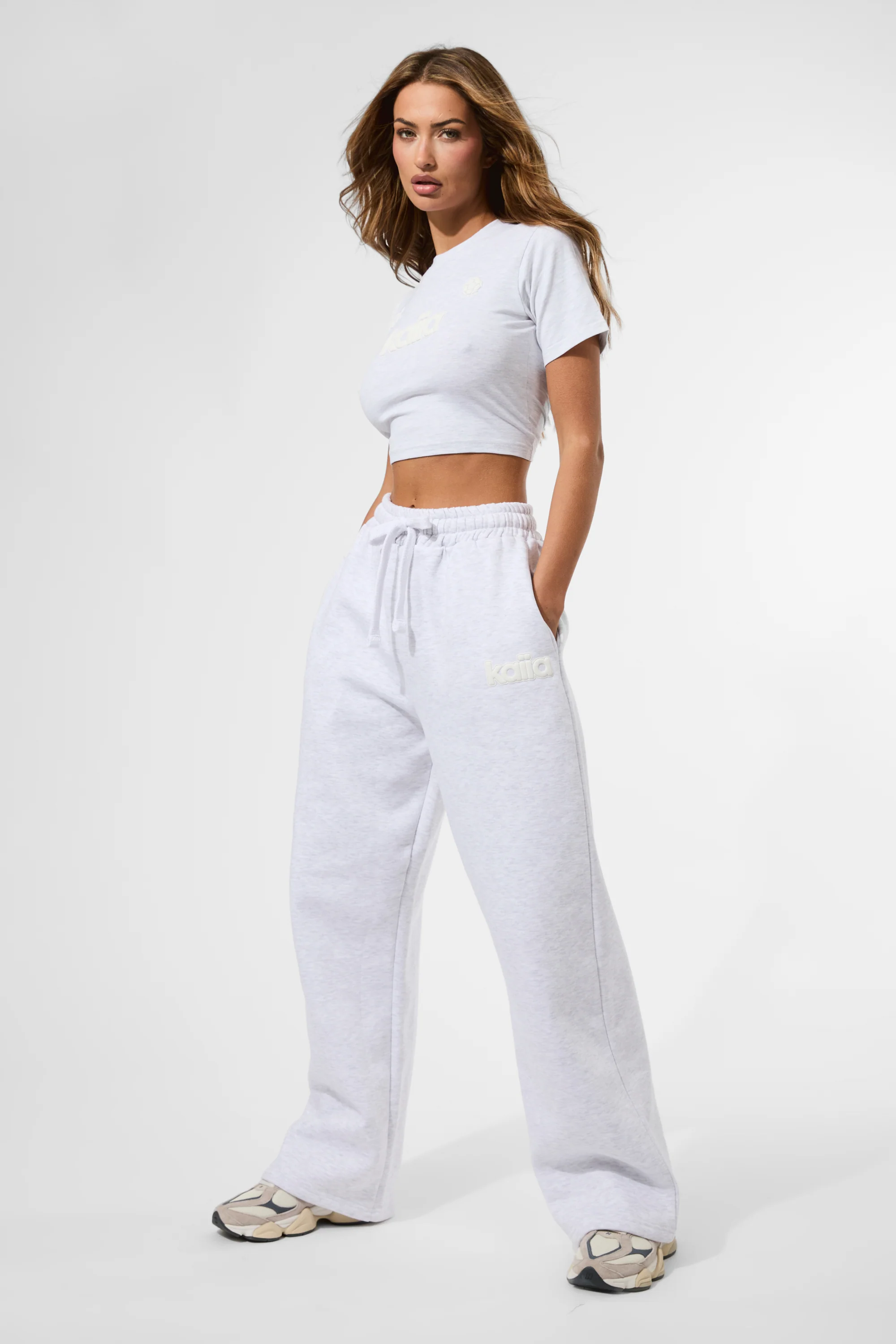 Kaiia Puff Print Wide Leg Joggers Ash Grey Marl