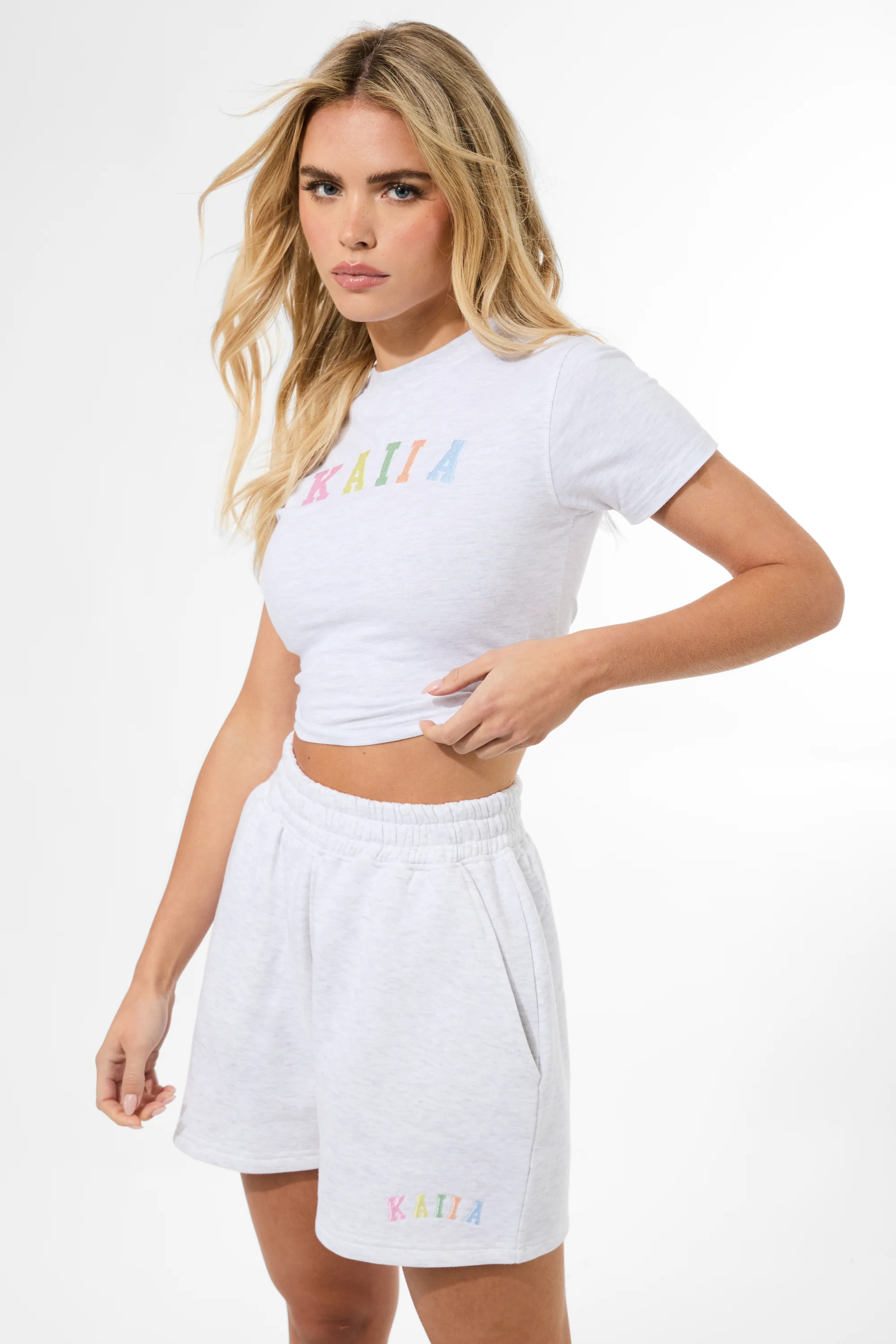 Kaiia Rainbow Logo Sweat Shorts Light Grey Marl - Image 3