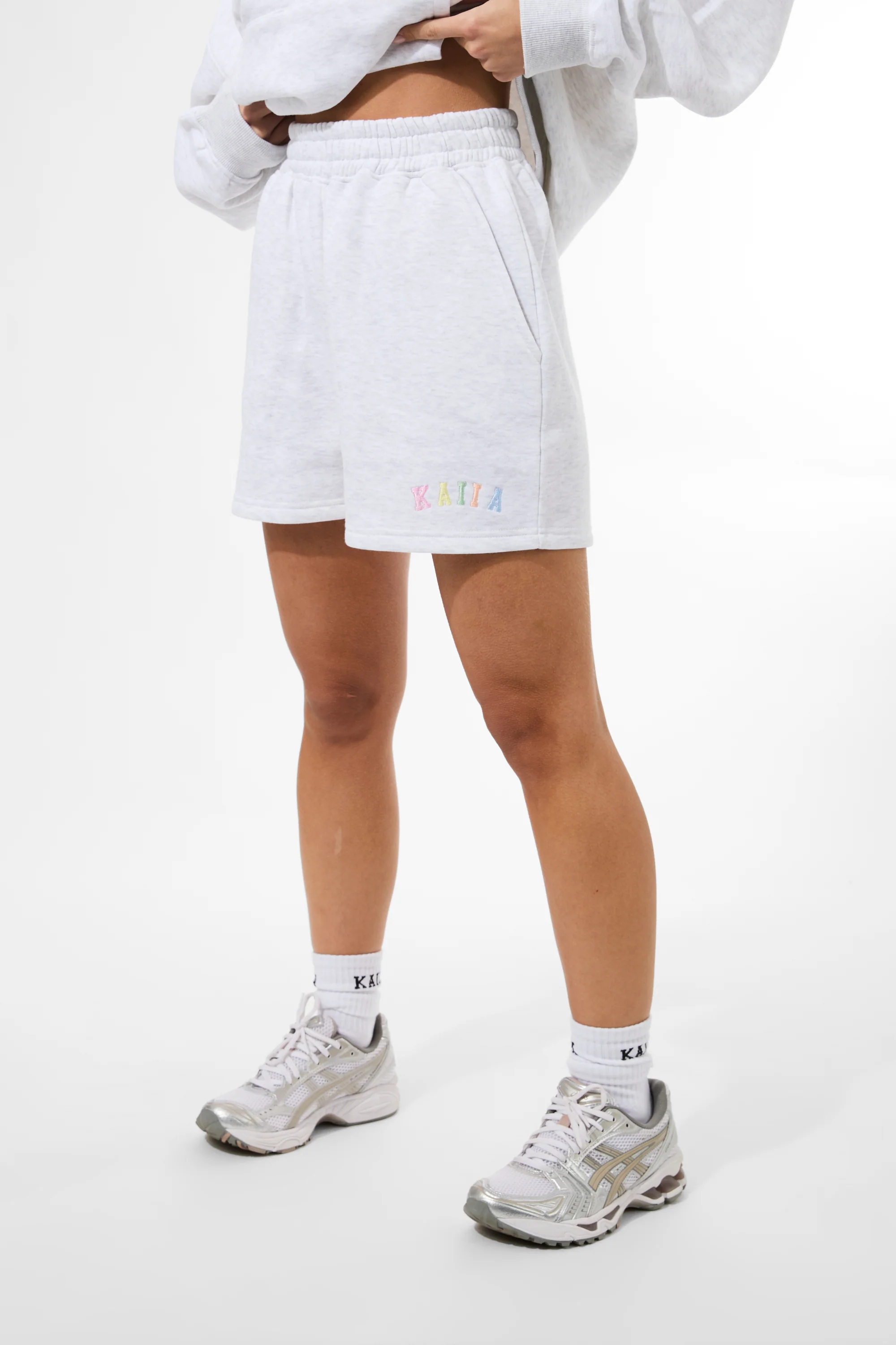 Kaiia Rainbow Logo Sweat Shorts Light Grey Marl - Image 5