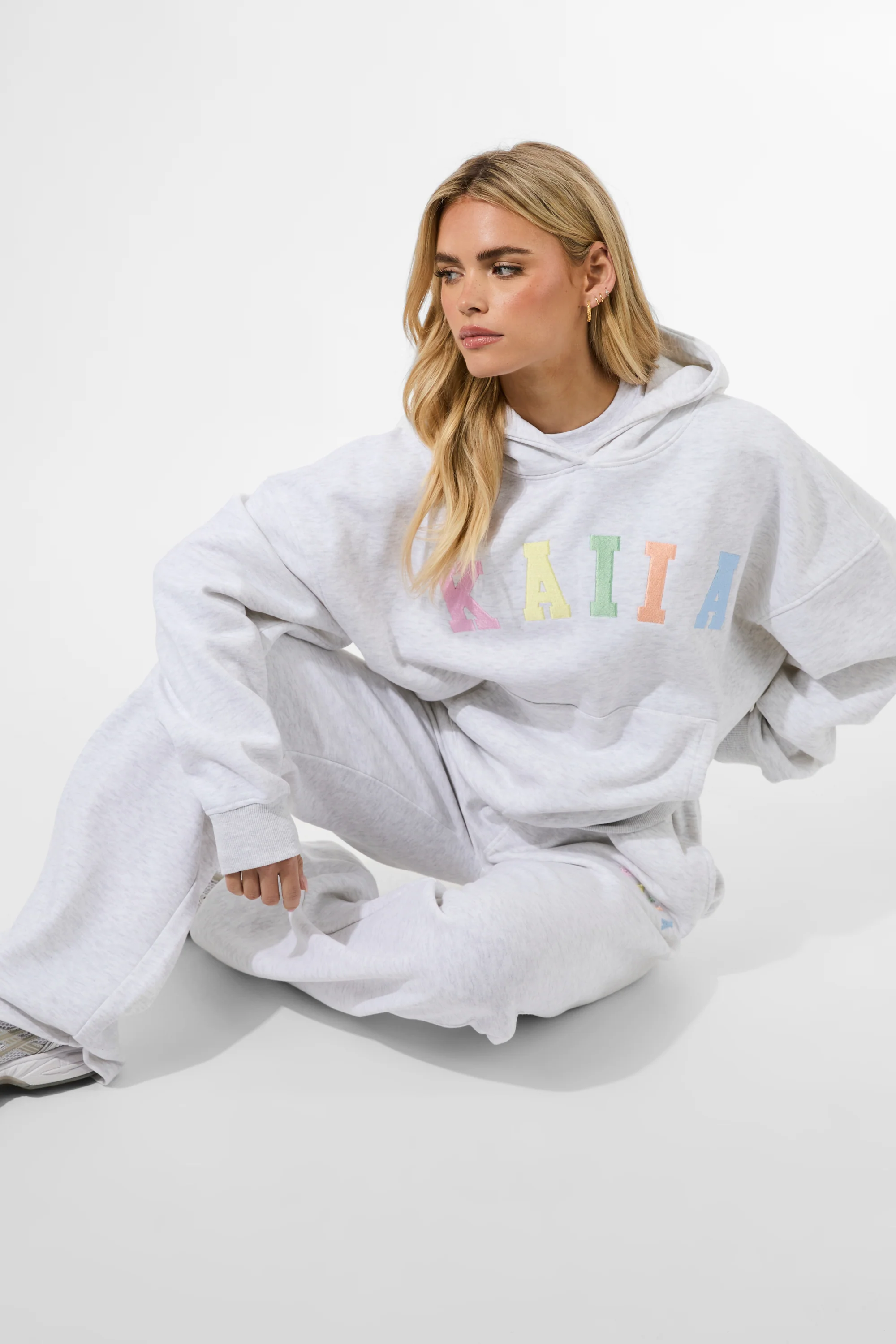 Kaiia Rainbow Logo Oversized Hoodie Light Grey Marl - Image 3