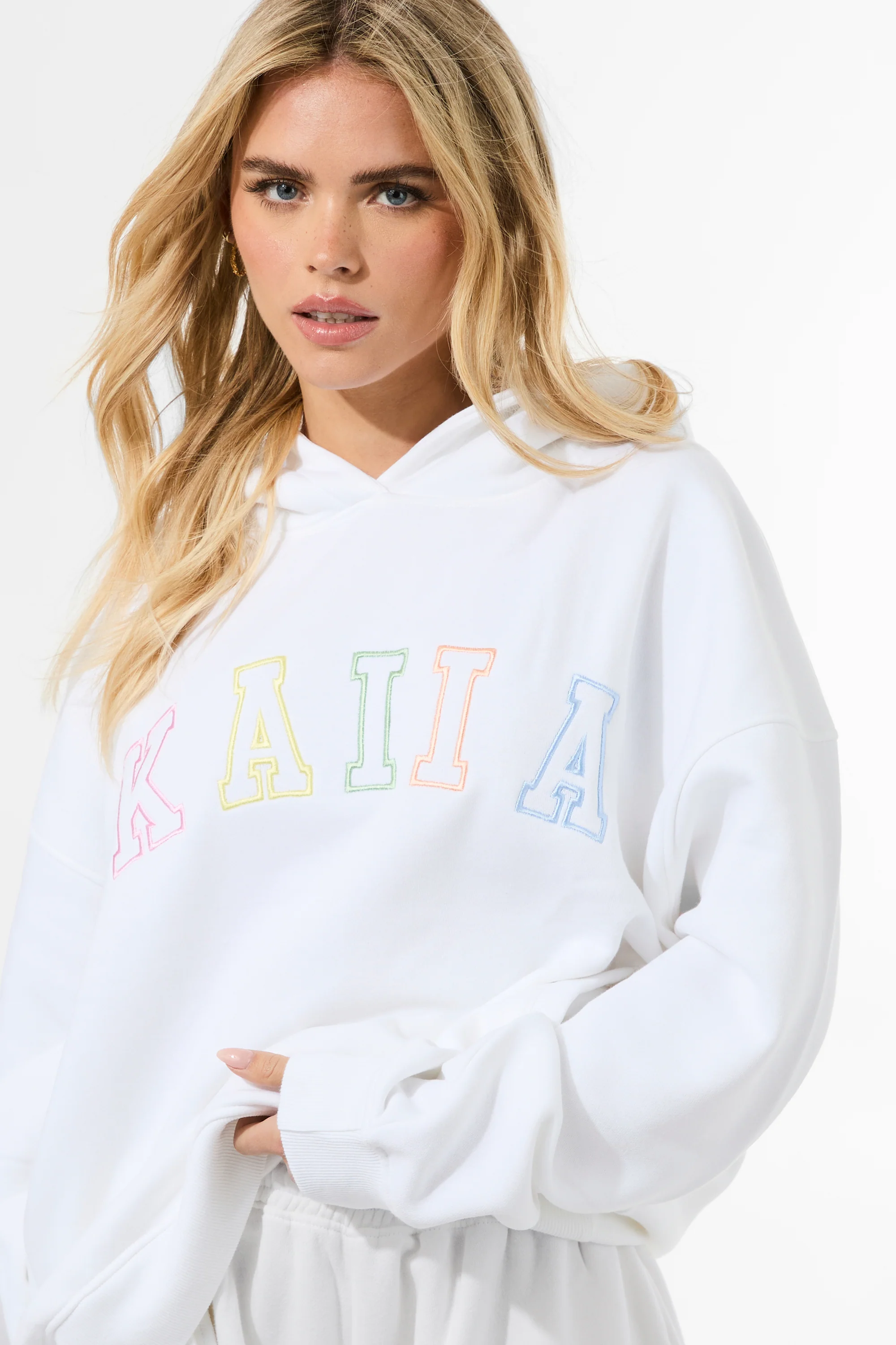 Kaiia Rainbow Logo Oversized Hoodie White - Image 4