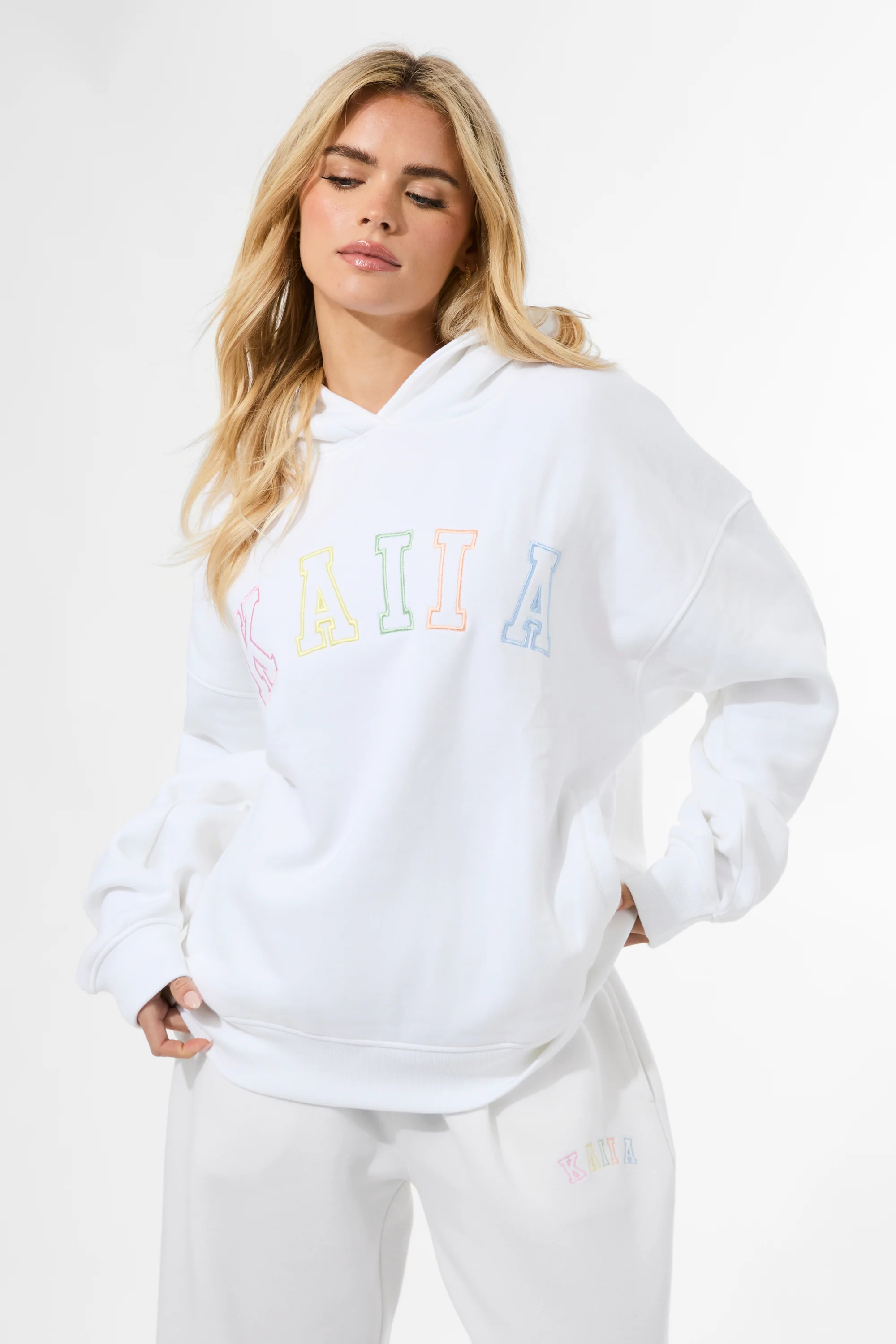 Kaiia Rainbow Logo Oversized Hoodie White - Image 5