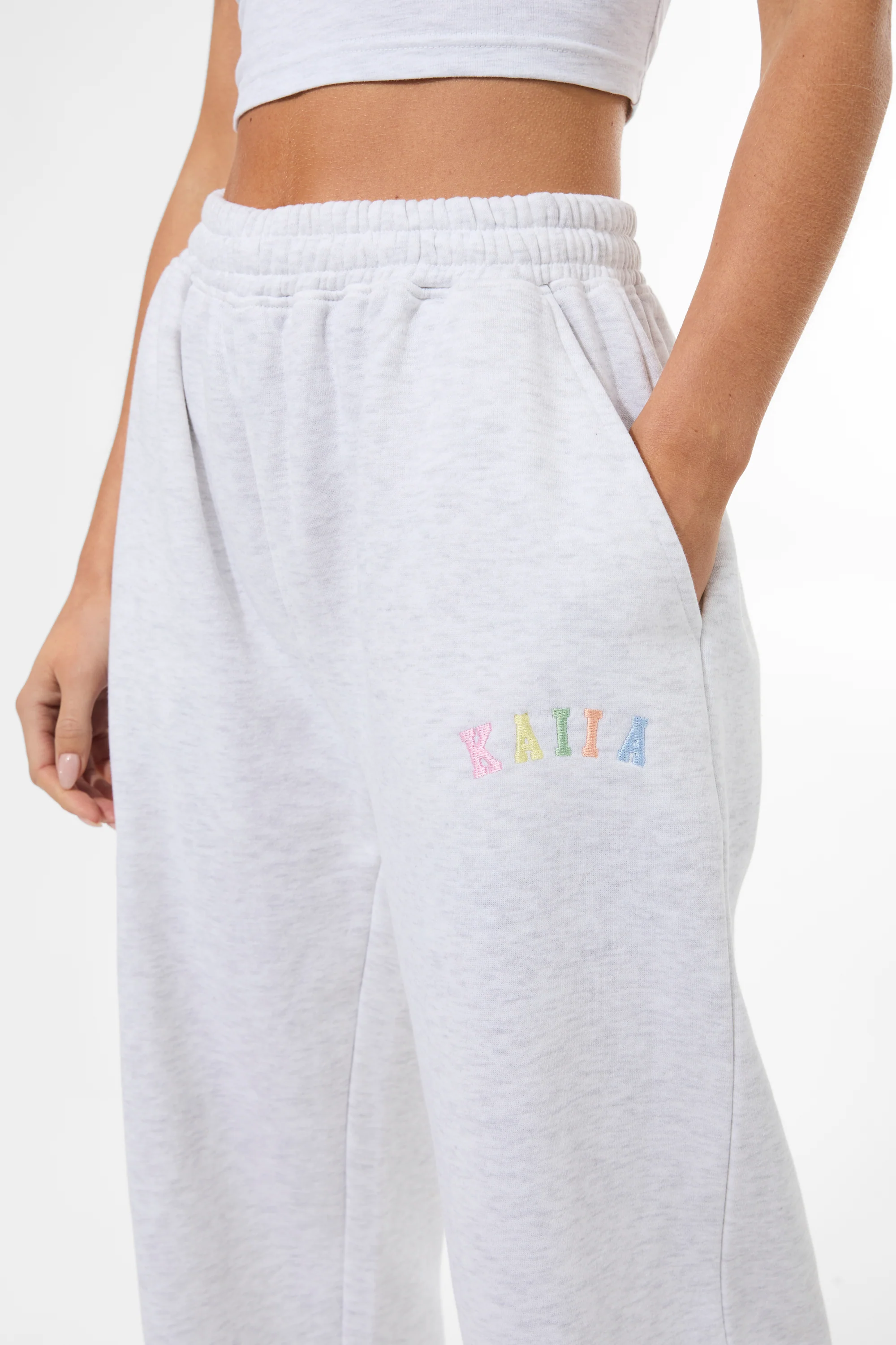 Kaiia Rainbow Logo Wide Leg Joggers Light Grey Marl - Image 2