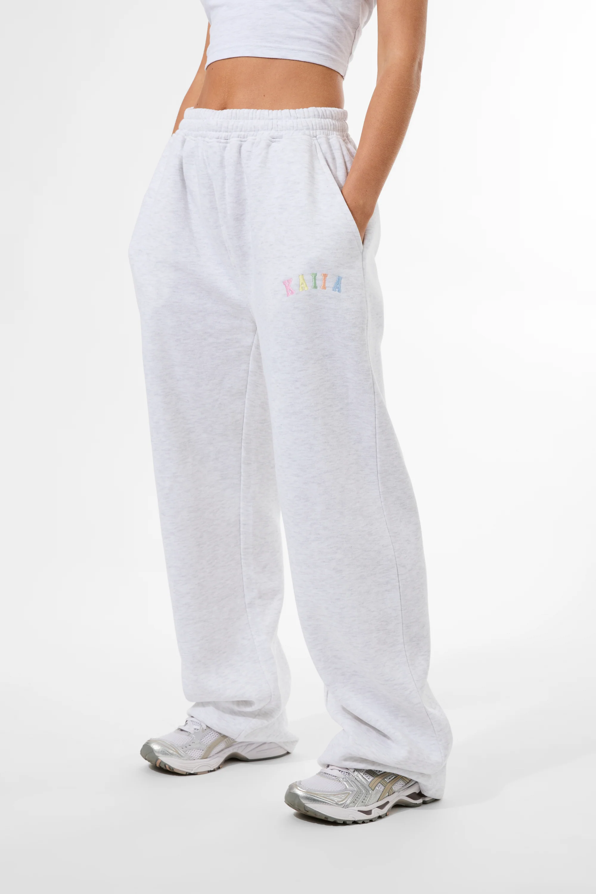 Kaiia Rainbow Logo Wide Leg Joggers Light Grey Marl - Image 3