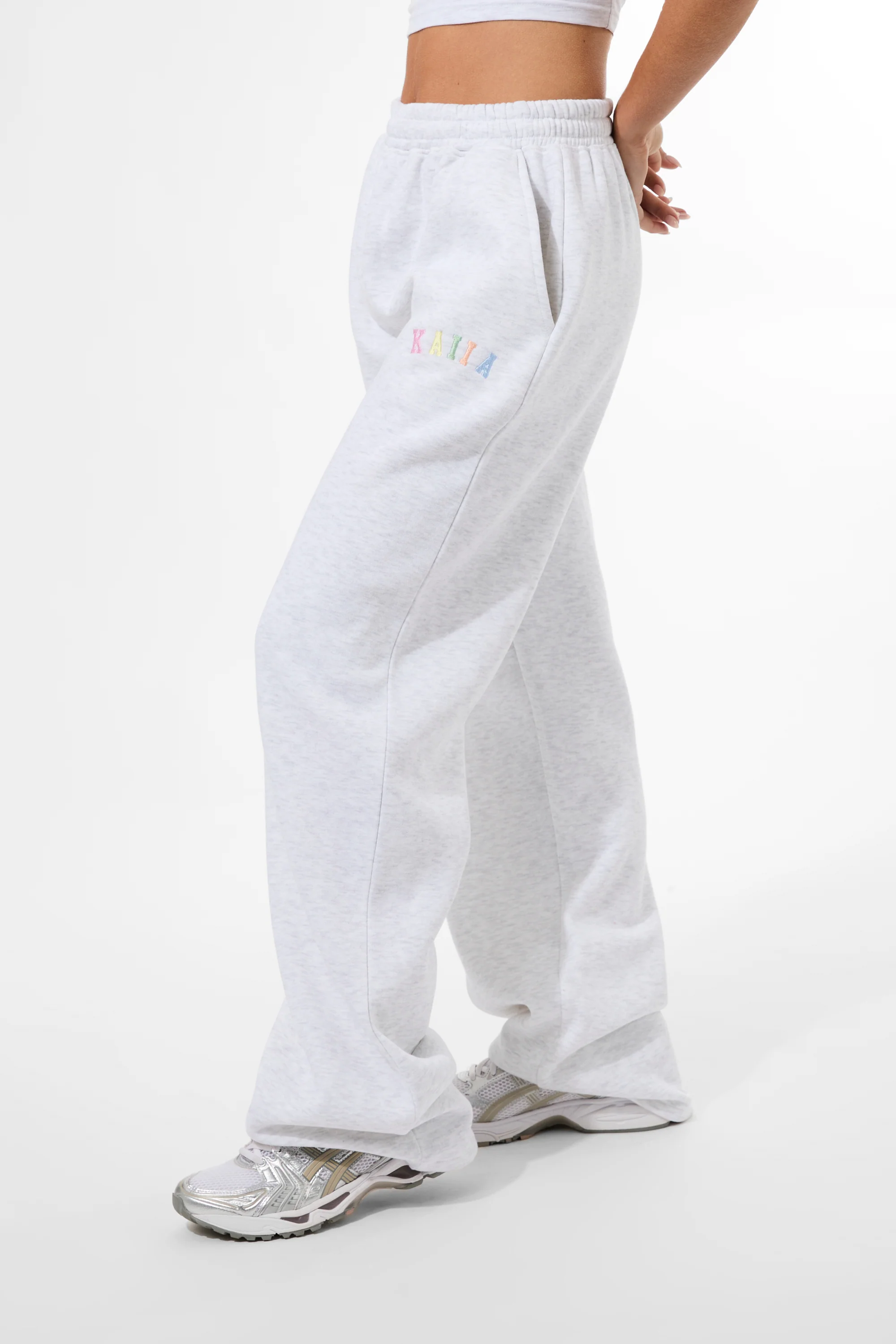 Kaiia Rainbow Logo Wide Leg Joggers Light Grey Marl - Image 4