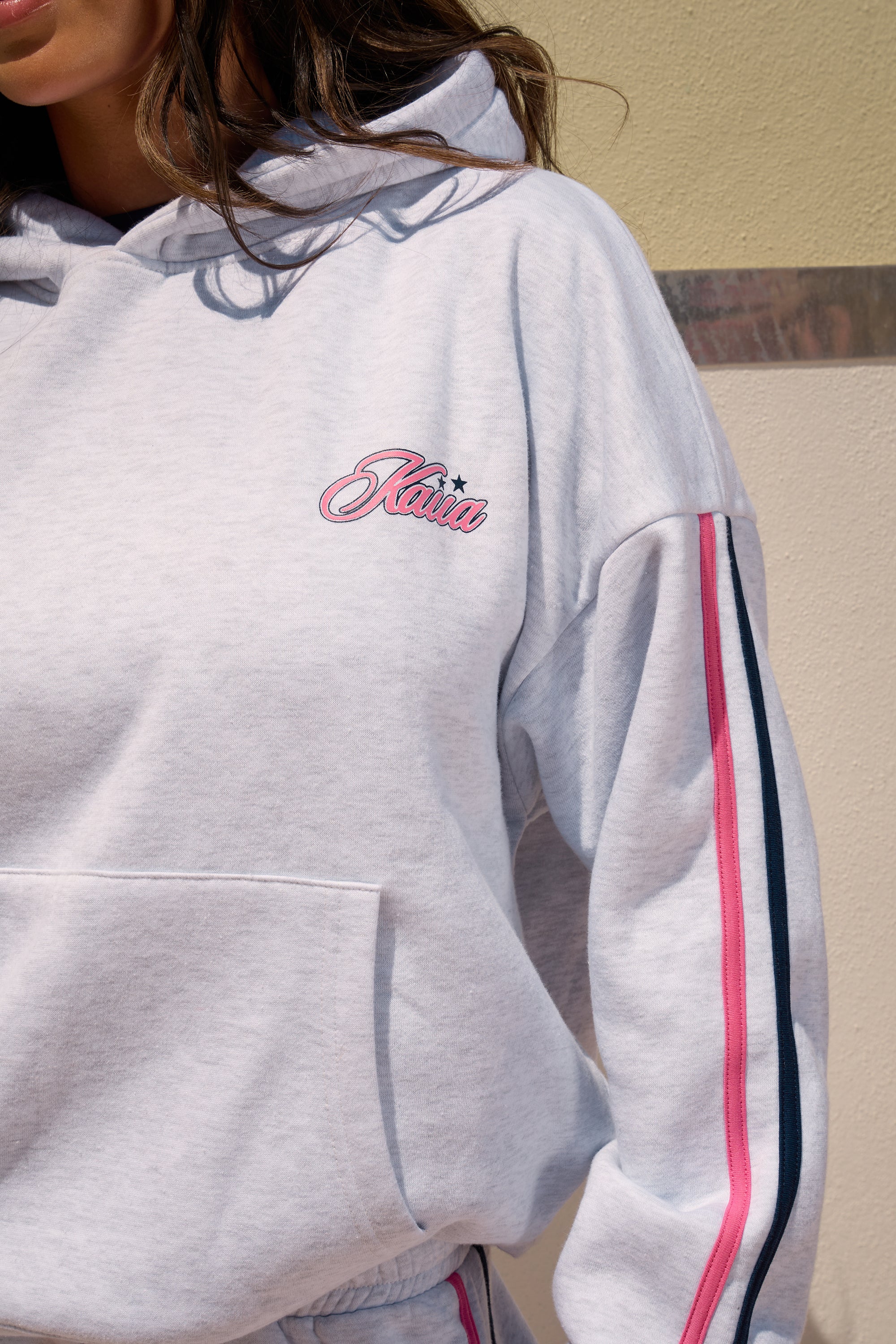 Kaiia Retro Sport Graphic Oversized Hoodie Light Grey Marl & Pink - Image 3