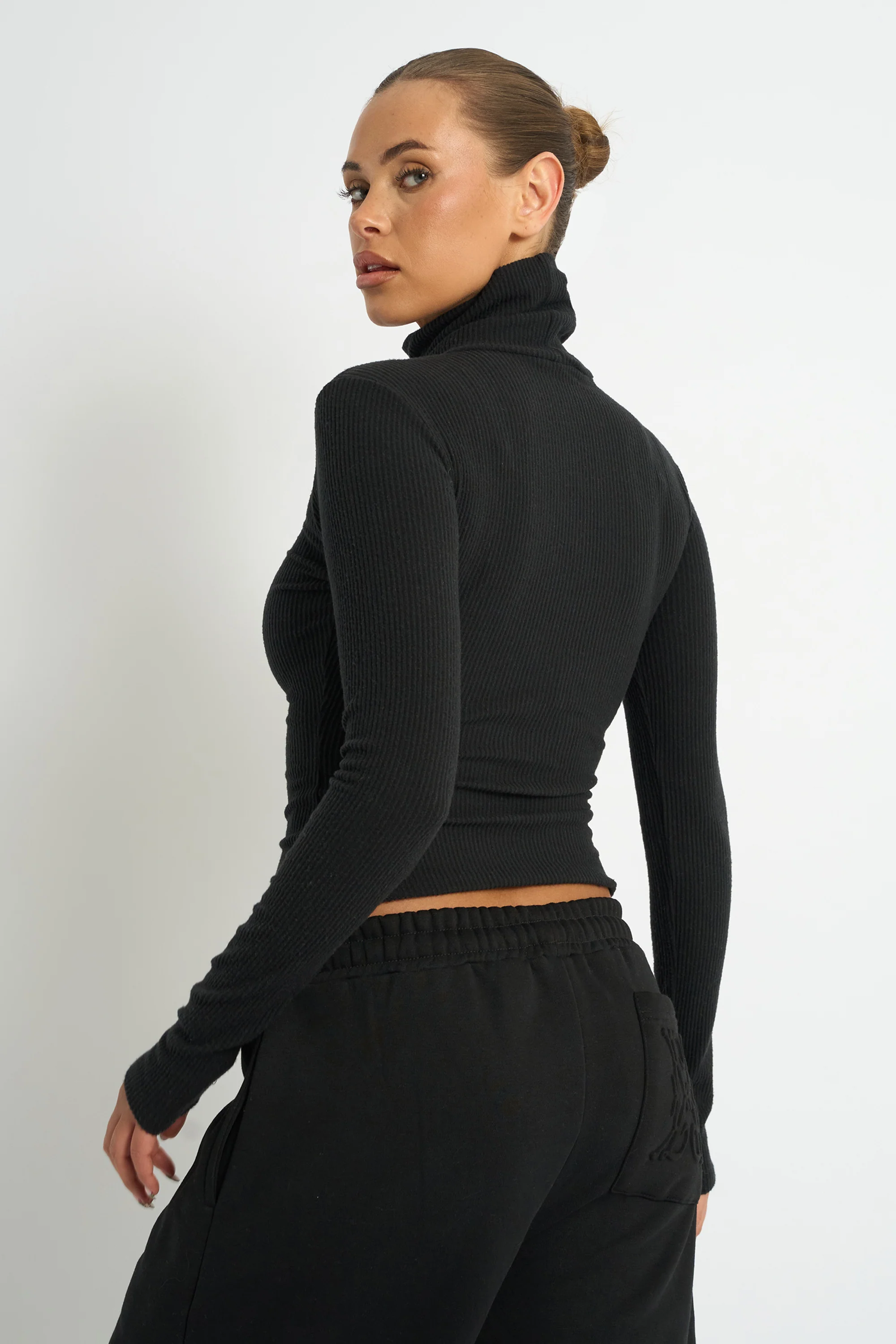 Kaiia Rib Roll Neck Long Sleeve Top Black - Image 2