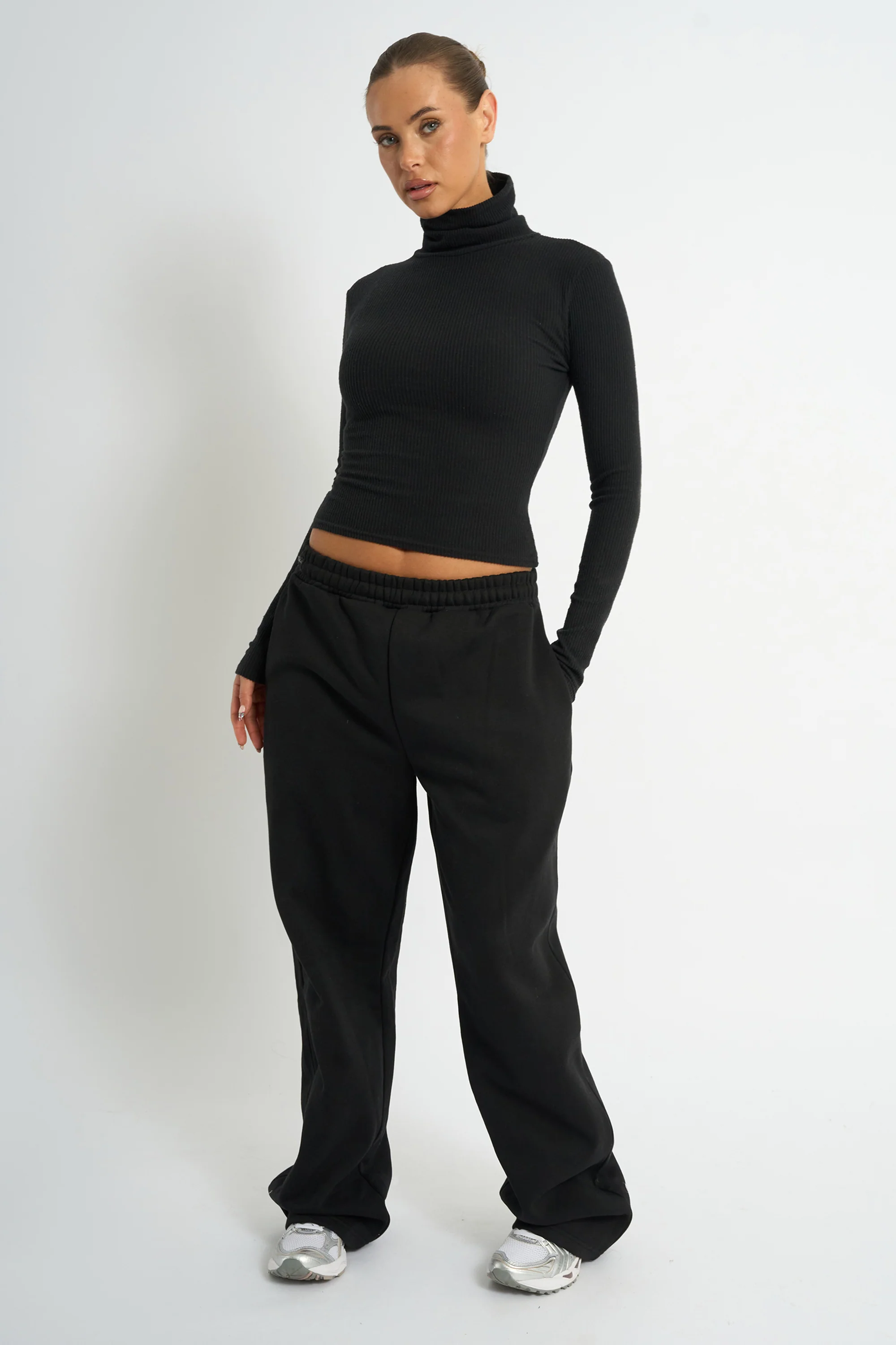 Kaiia Rib Roll Neck Long Sleeve Top Black - Image 3