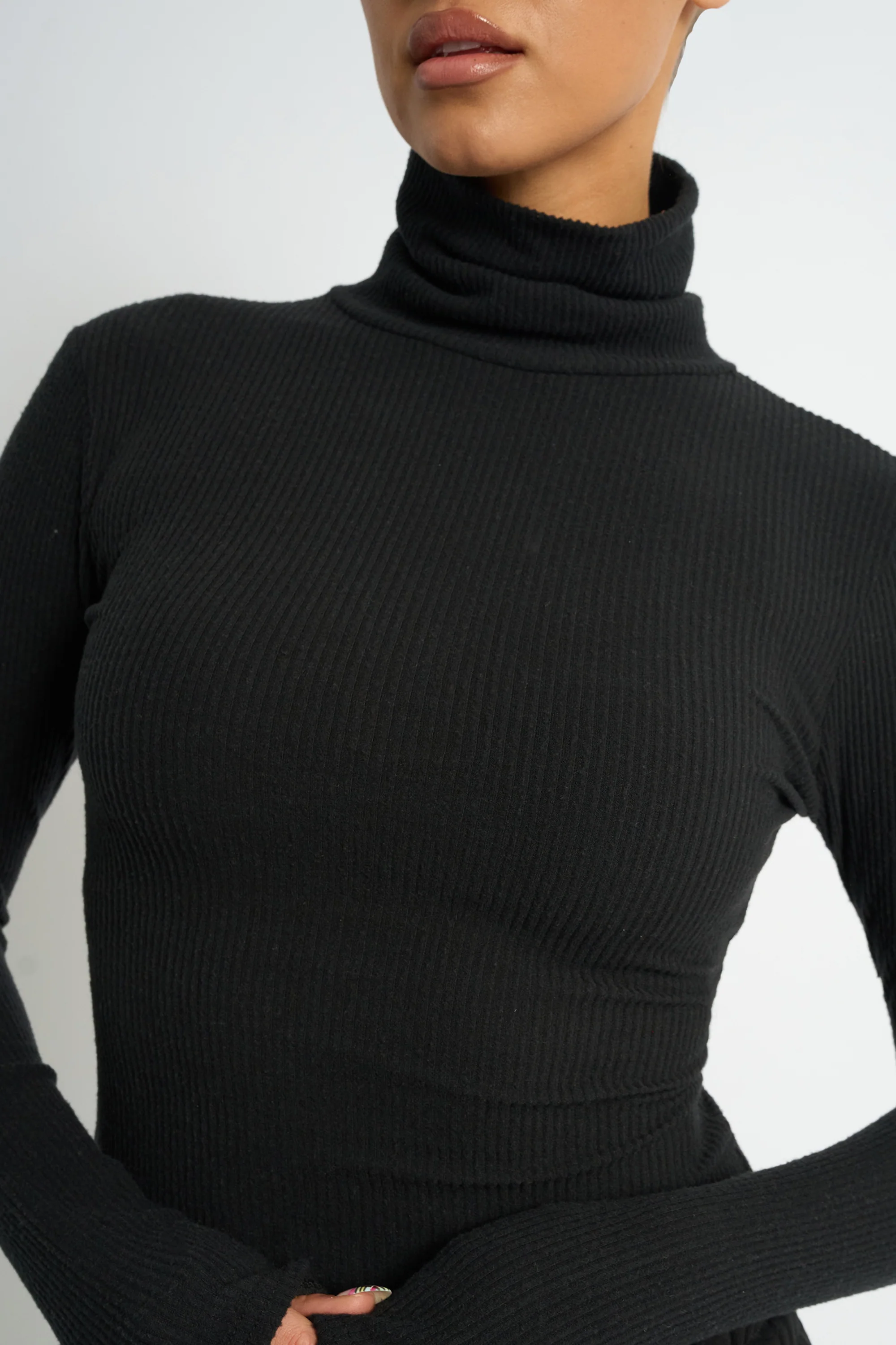 Kaiia Rib Roll Neck Long Sleeve Top Black - Image 4