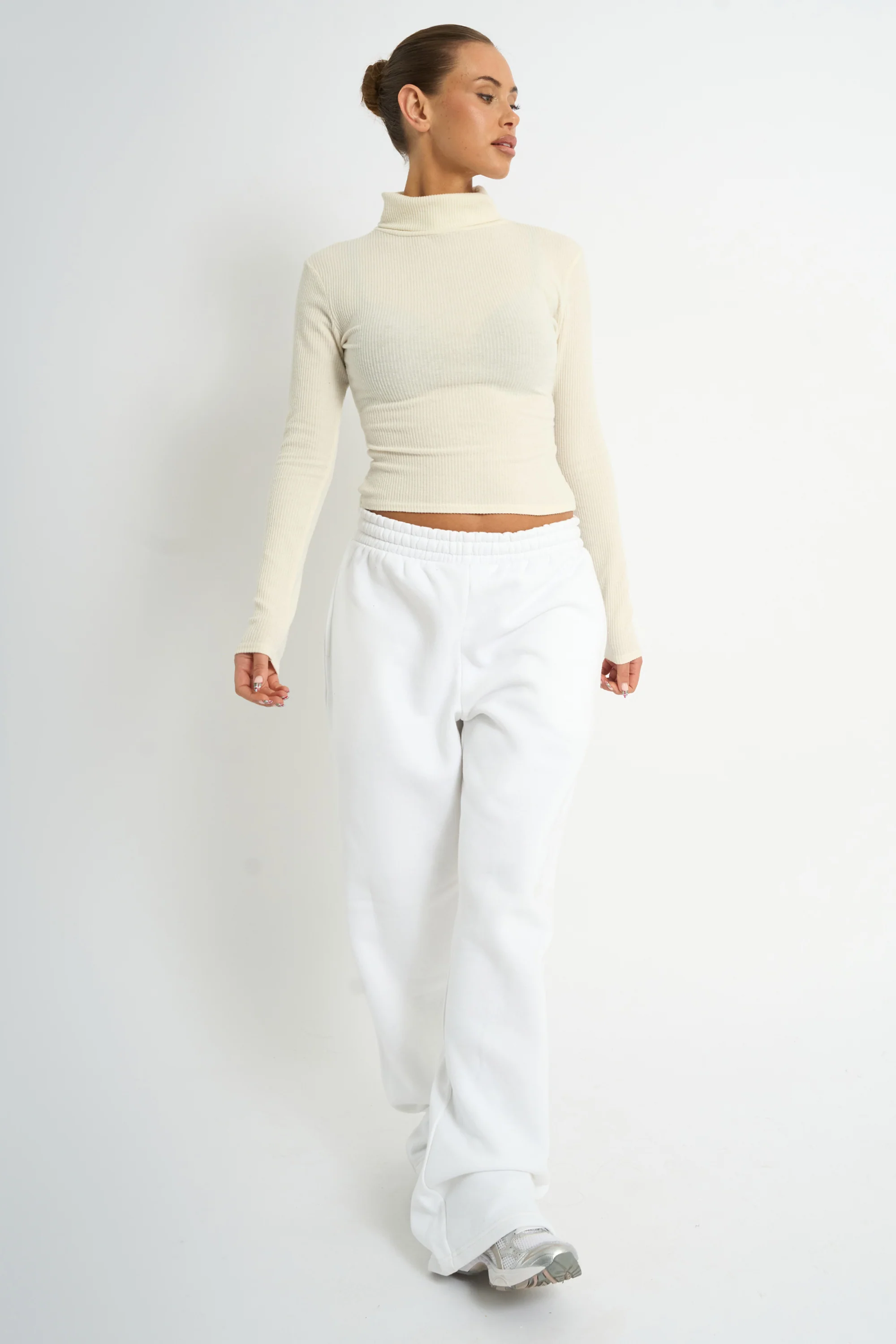 Kaiia Rib Roll Neck Long Sleeve Top Ivory - Image 3